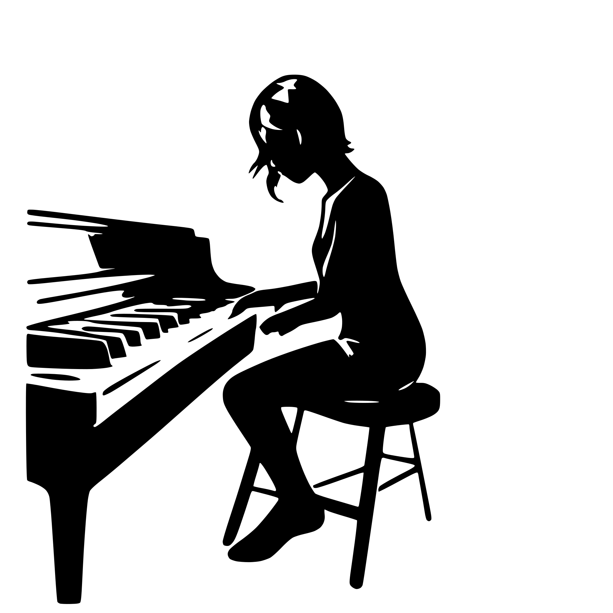 AI-generated SVG of a create a vector image with not too many details, monocrom. female figur with short hair playing piano and guitar with notes arond