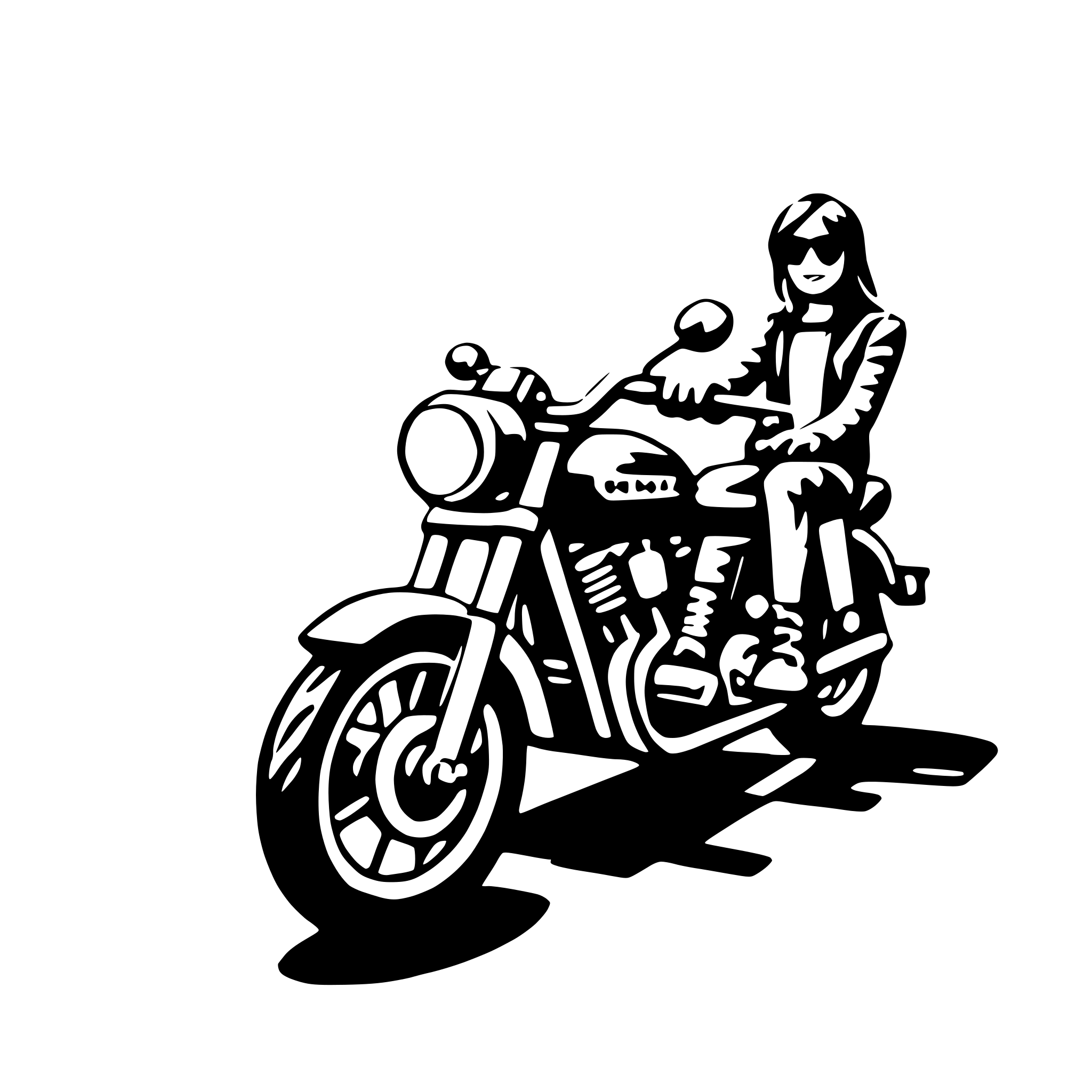 The SVG depicts a stylized black and white illustration of a person riding a motorcycle. The rider is wearing sunglasses, a jacket, and pants, and is holding onto the handlebars. The motorcycle has a round headlight, a visible engine, and a single rear wheel. The rider is positioned on the seat, and the motorcycle is casting a shadow on the ground, suggesting a light source from the upper left side of the SVG. The style of the illustration is reminiscent of a comic book or graphic novel, with bold outlines and a limited color palette. 