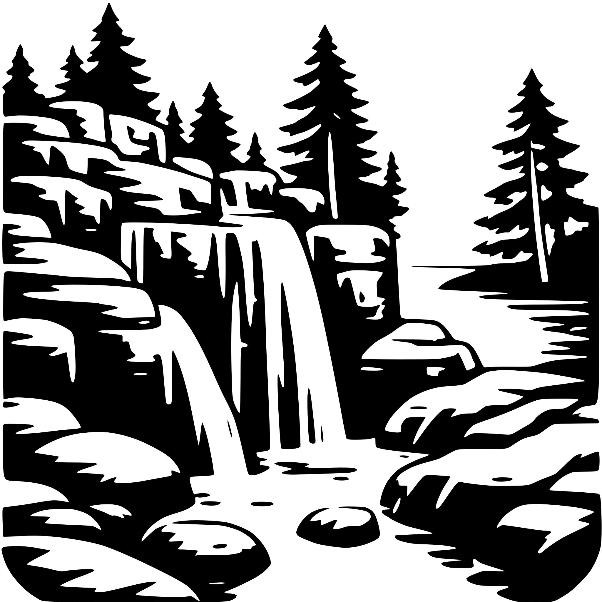 The SVG depicts a black and white illustration of a natural landscape. The main objects are a waterfall cascading down a rocky cliff, with the water creating a misty effect at the bottom. The cliff is covered with a variety of rocks and boulders, and there are trees on both sides of the waterfall, suggesting a forested area. The waterfall is the central focus of the SVG, with the surrounding elements framing it. The trees on the right side of the SVG appear to be slightly taller than those on the left, and the waterfall is positioned in the middle of the composition. The overall impression is one of a serene and untouched wilderness. 