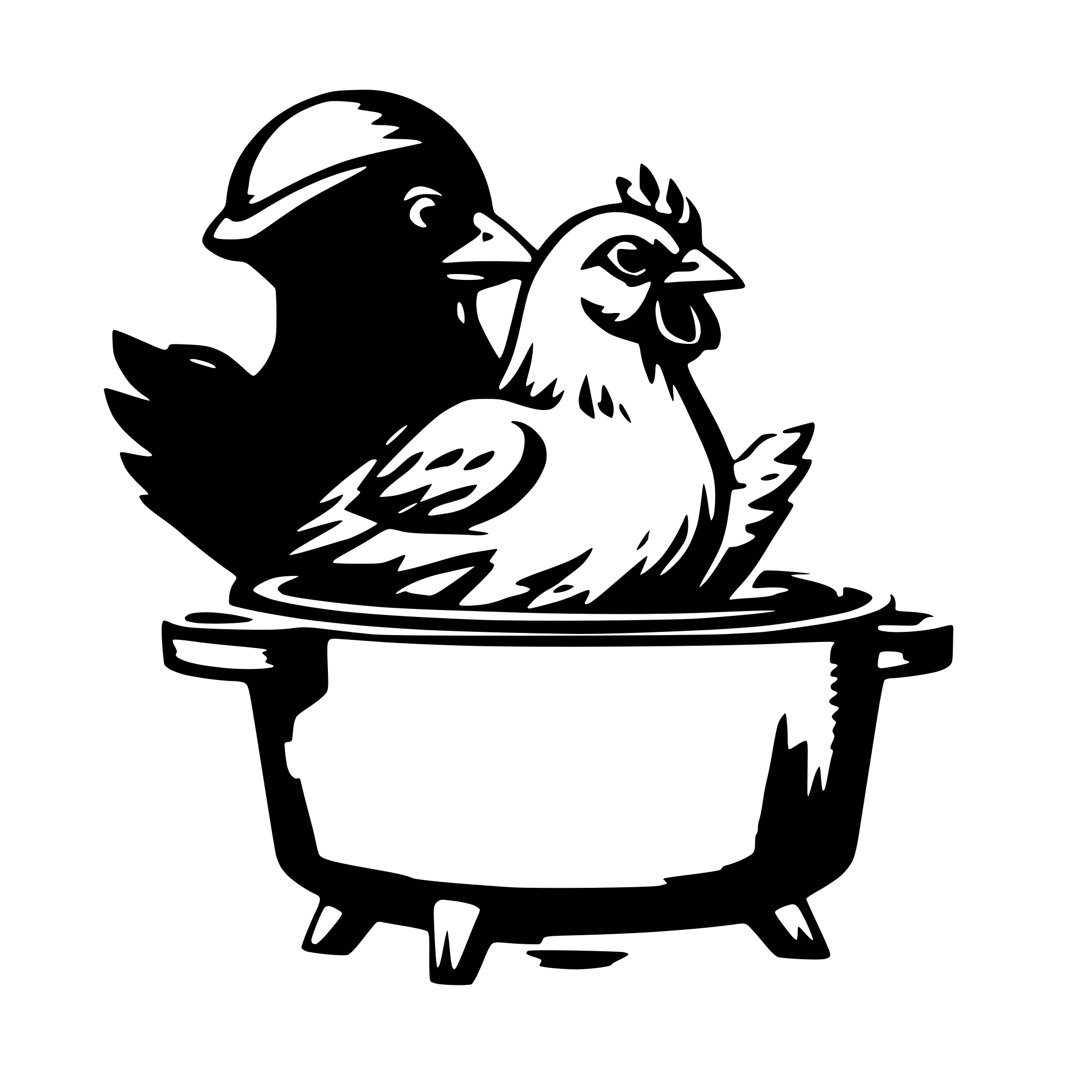 AI-generated SVG of 'A chicken coming out of a casserole with the lid of the casserole on its head'