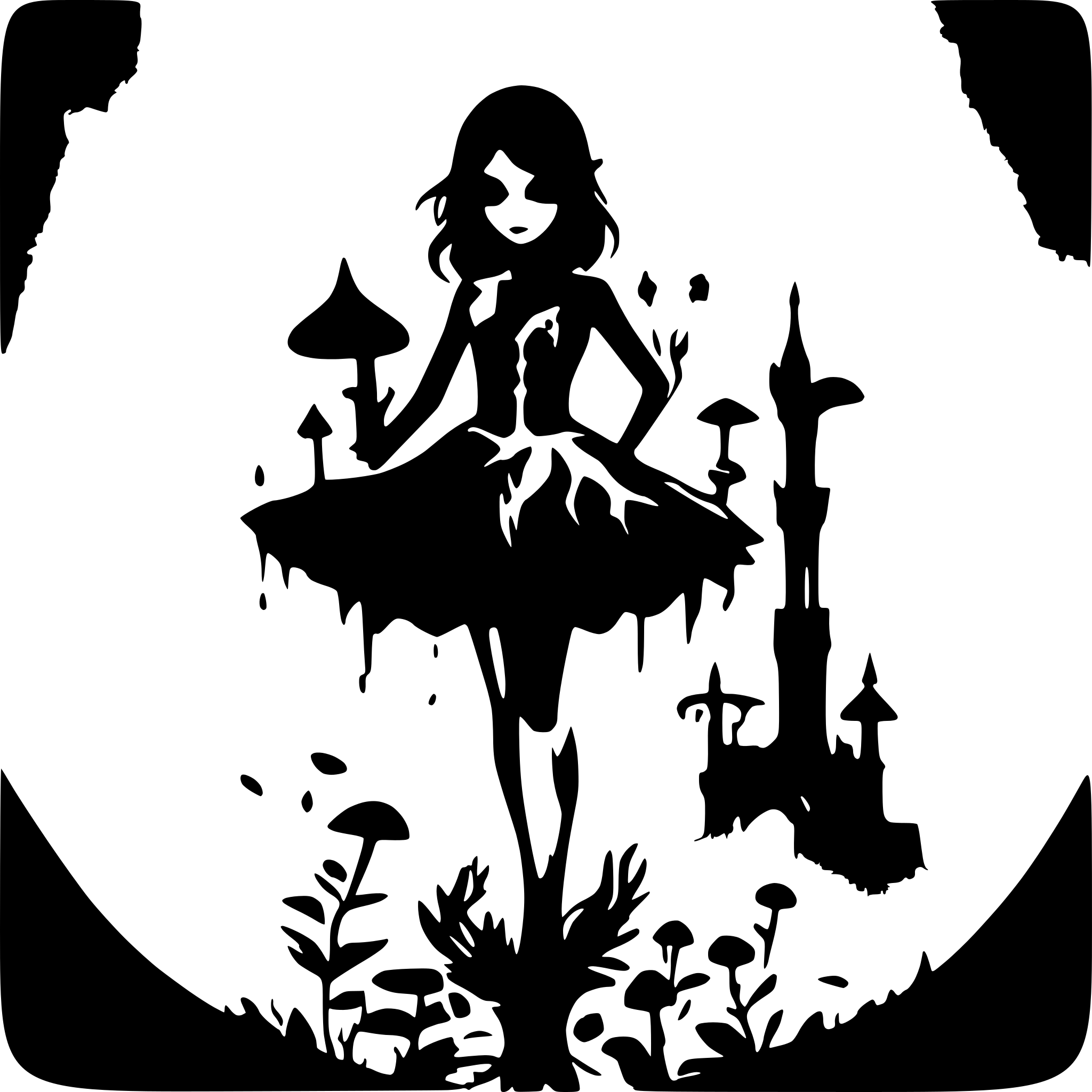 AI-generated SVG of a skeletal pretty and evil fairy surrounded by decayed toadstools amidst with the steeples of a dark and ruined city