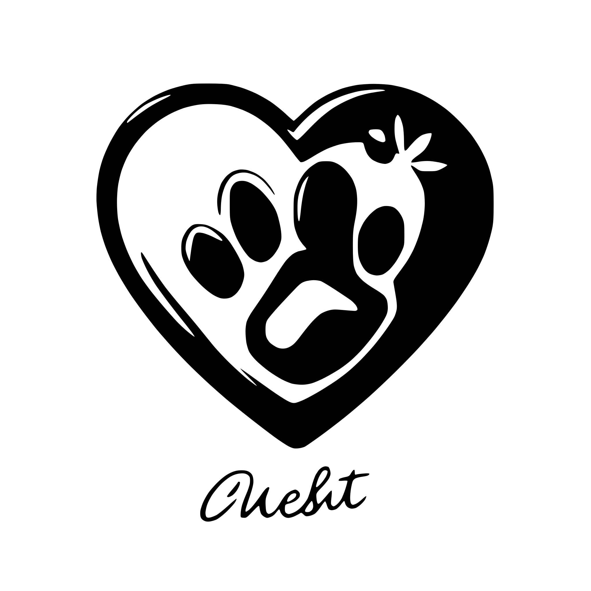 AI-generated SVG of a A friendly and welcoming scene featuring a paw print inside a heart, symbolizing love and care for all pets. Surrounding the heart, silhouettes of different animals, including a dog, cat, bird, rabbit, and reptile, represent inclusivity. The background is clean and minimal to ensure clarity when used on business cards, brochures, and signs.