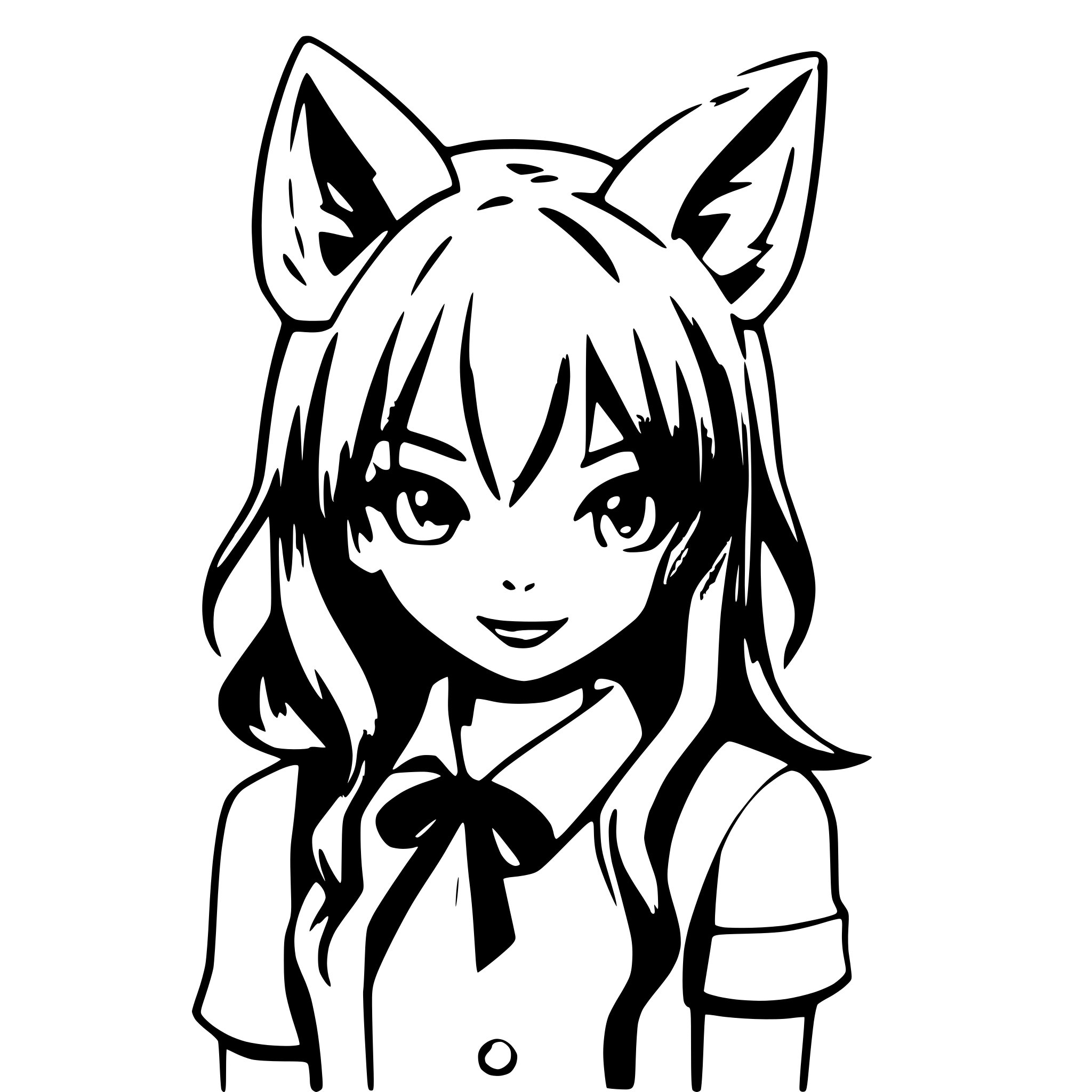 AI-generated SVG of 'Foxgirl red hair blue eyes preppy style, anime, fox ears, fox tail, Japanese, kitsune'