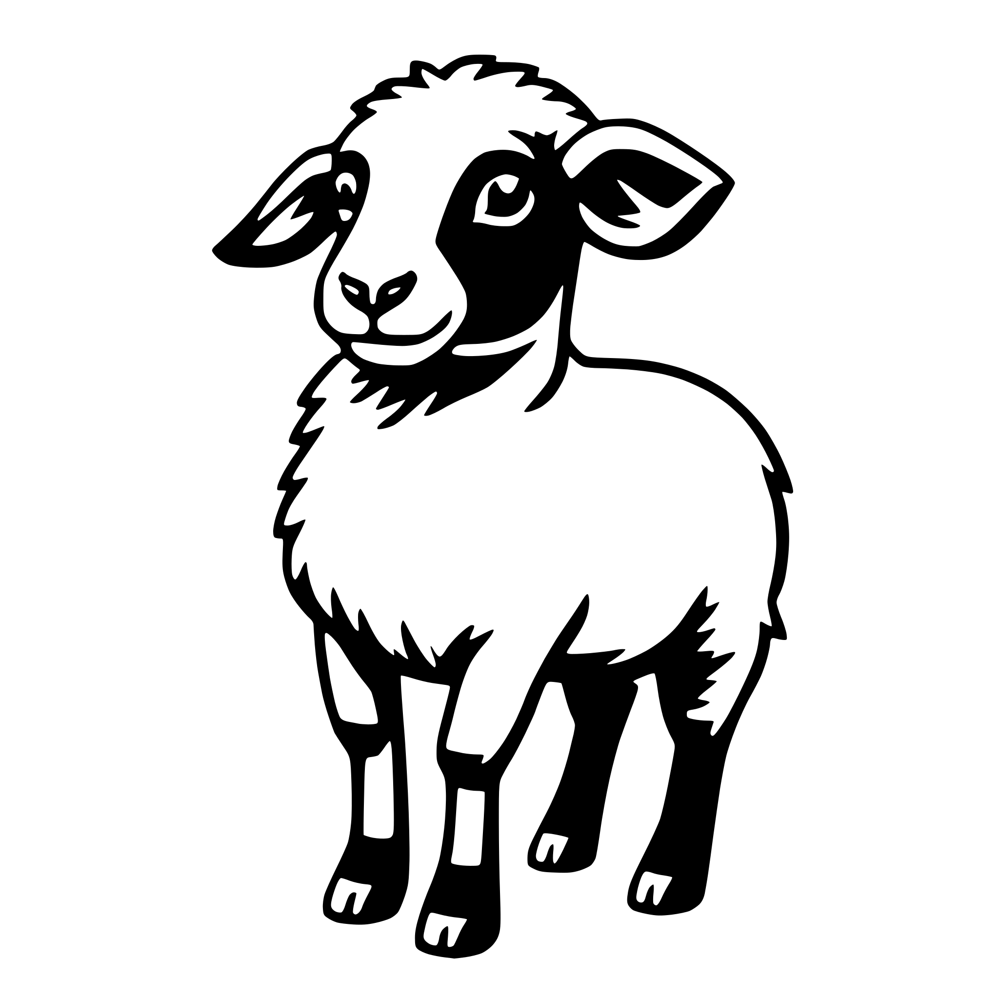 The SVG depicts a simple, stylized black and white illustration of a sheep. The sheep is standing upright on all fours, with its head turned slightly to the left. It has a round body, a long neck, and a short tail. The sheep's ears are pointed upwards, and its eyes are closed. The illustration is minimalistic, with no additional details or background elements. The sheep is the sole focus of the SVG. 