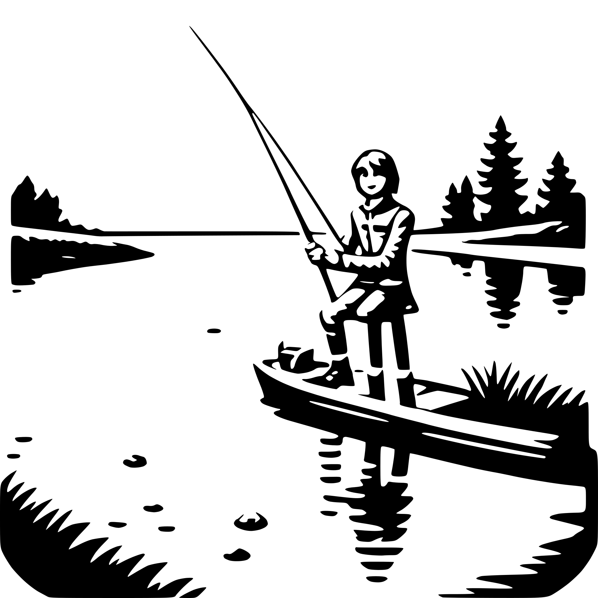 The SVG depicts a stylized black and white illustration of a person fishing. The person is standing on a boat, holding a fishing rod with a line extending into the water. The boat is on a body of water, which is surrounded by a shoreline with trees and a small hill. The person appears to be focused on the water, possibly waiting for a fish to bite. The overall scene suggests a peaceful and serene outdoor activity. 