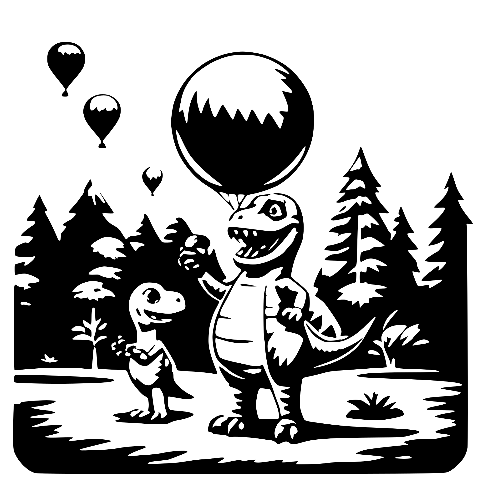 AI-generated SVG of a a funny dionosaur holding a luftbaloon in his hands