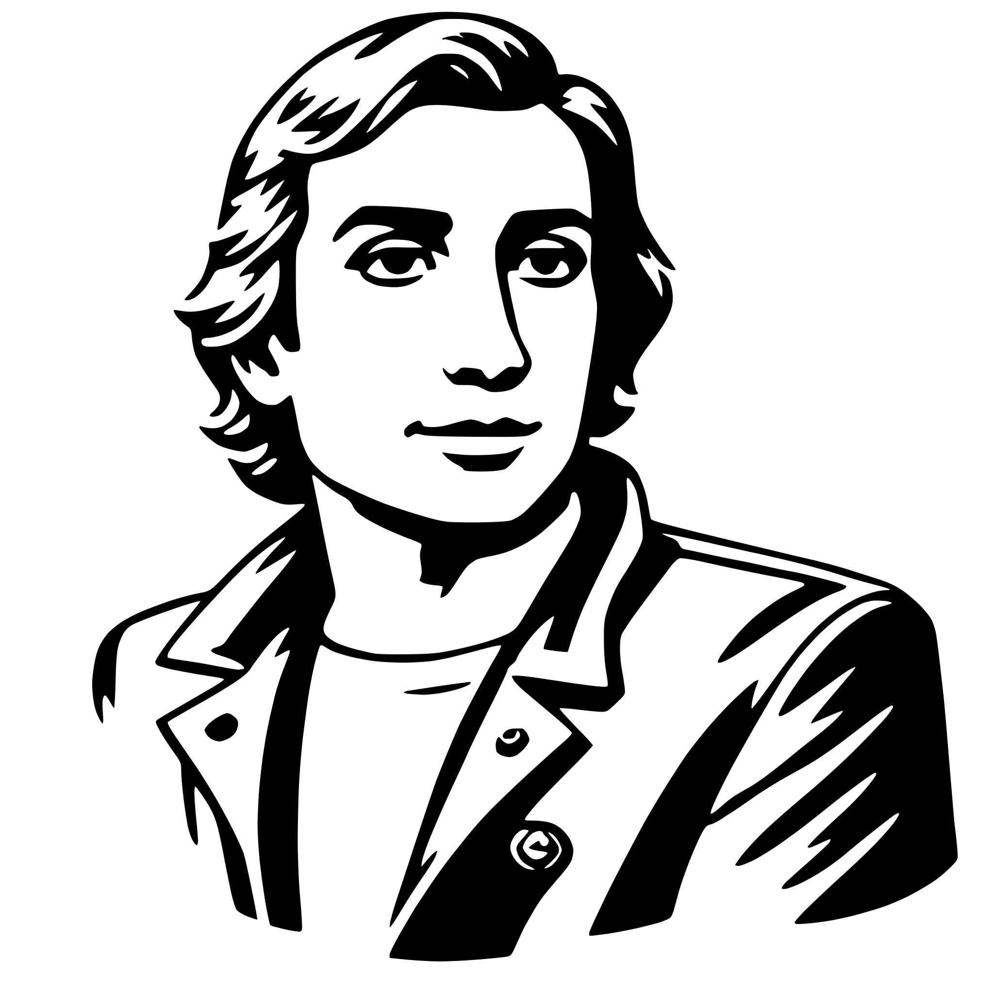 The SVG is a black and white vector illustration of a man's profile. The man has short hair, a well-defined jawline, and a slight smile. He is wearing a jacket with a collar and what appears to be a shirt with a collar. The style of the illustration is simplistic and stylized, with clean lines and minimal shading. The man is looking directly at the viewer, and the overall impression is one of confidence and approachability. 