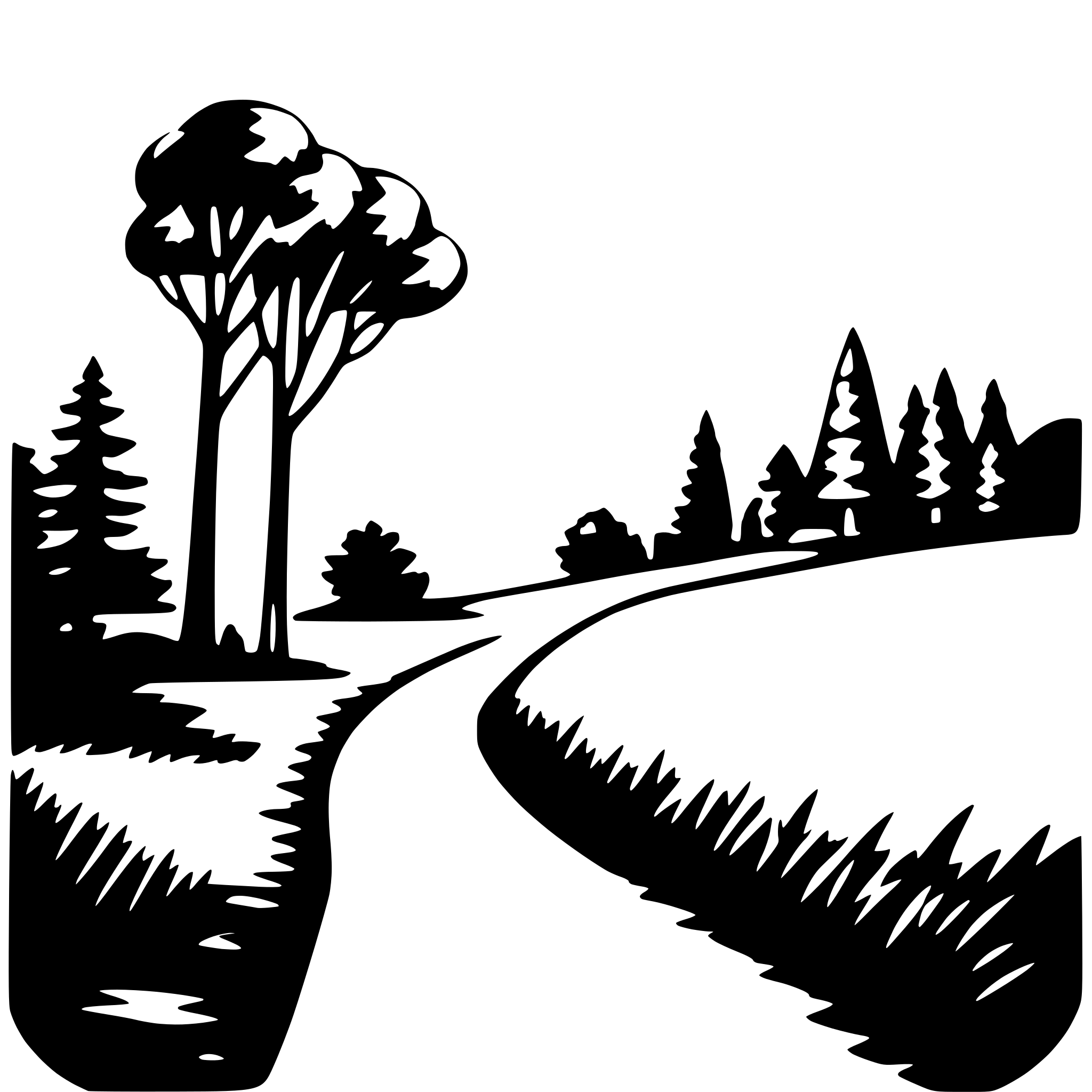 The SVG depicts a stylized, silhouette-style illustration of a forested area with a path leading through it. The main objects are trees, a path, and a sky. The trees are on the left side of the SVG, with their trunks and branches extending upwards and outwards, creating a sense of depth and texture. The path curves gently to the right and is flanked by grass on both sides, which is also depicted in silhouette. The sky is not detailed but is a simple, flat expanse above the scene. The interaction between these elements suggests a peaceful, natural setting, possibly a trail in a forest or park. 