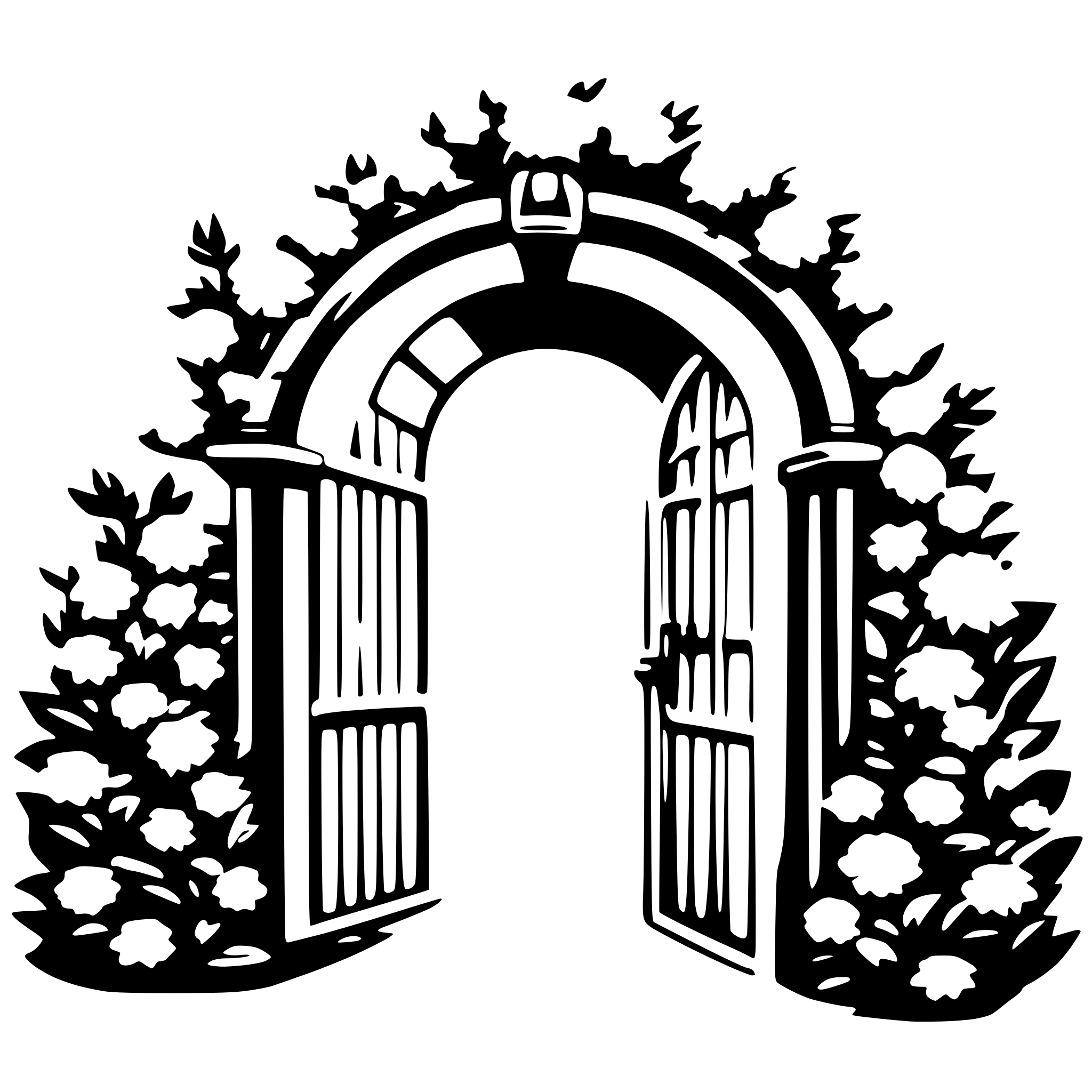 AI-generated SVG of a a romantic gate with flower wreaths