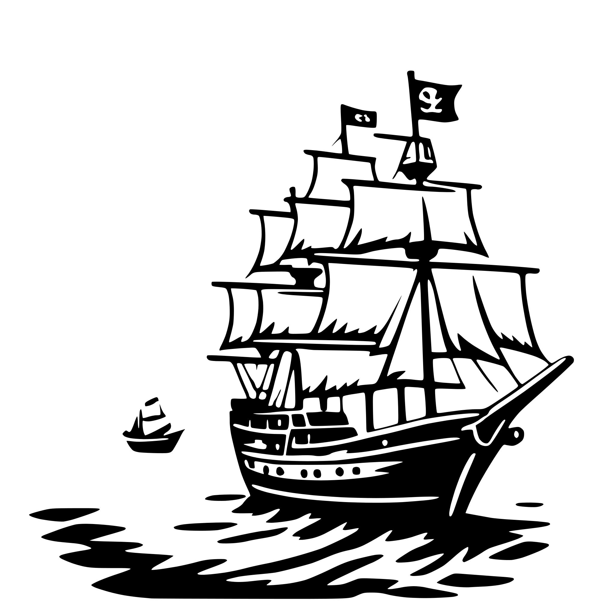 The SVG depicts a stylized black and white illustration of a sailing ship with multiple masts and sails, set against a simplified background that suggests a body of water. The ship is the central focus of the SVG, with its sails fully unfurled, indicating that it is in motion. There is a smaller boat, possibly a dinghy, in the foreground, which appears to be following the larger ship. The ship is adorned with flags on its masts, one of which is prominently displaying a flag with a "5" on it, suggesting it may be a flag of a specific country or organization. The overall style of the SVG is reminiscent of classic nautical illustrations, with a modern twist due to the use of vector graphics. 