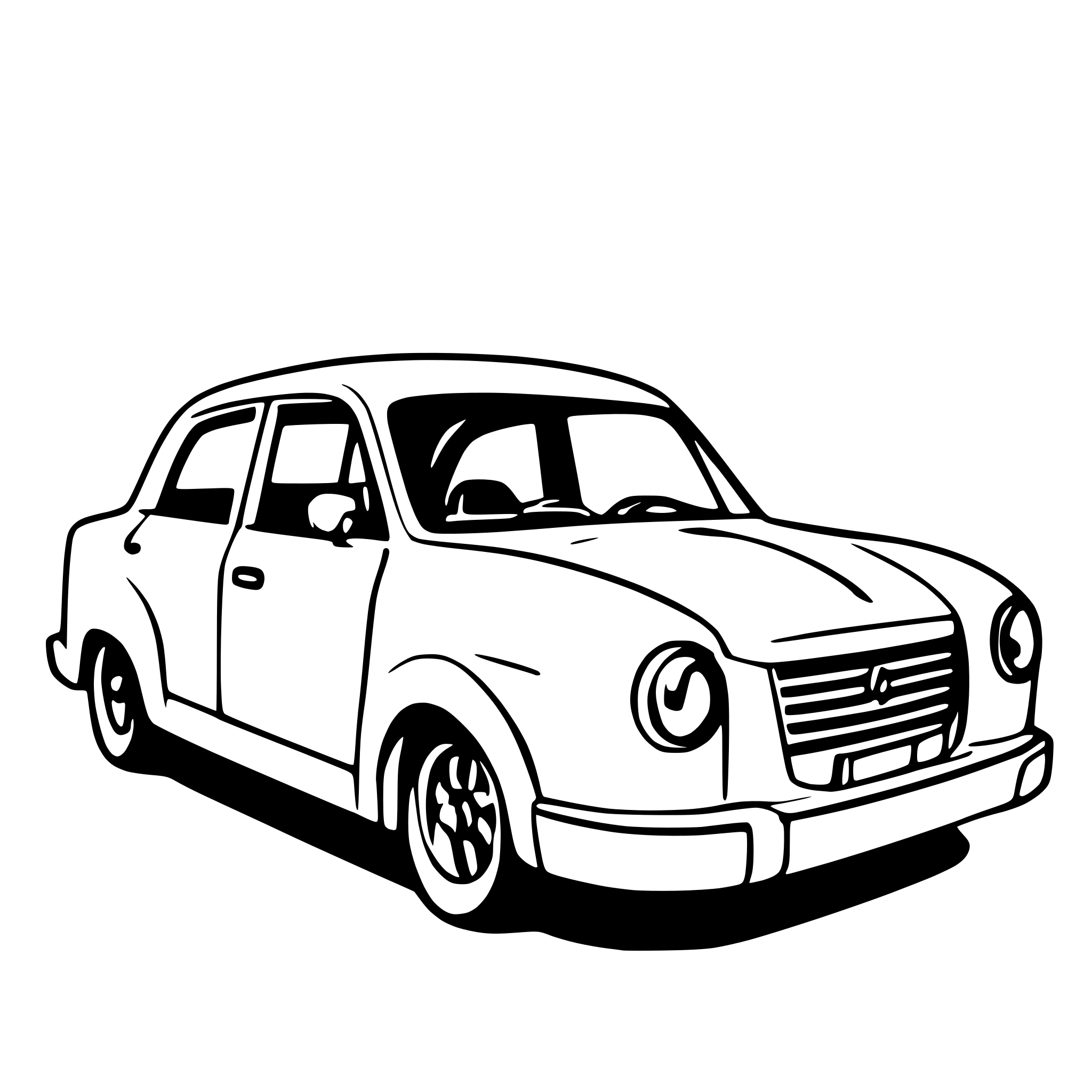 AI-generated SVG of a Technical line art schematic of passenger car with transparent wireframe body showing visible simple engine and transmission inside. Use minimal thin lines, no fills, no shading, clear body edges and visible interior mechanics.
