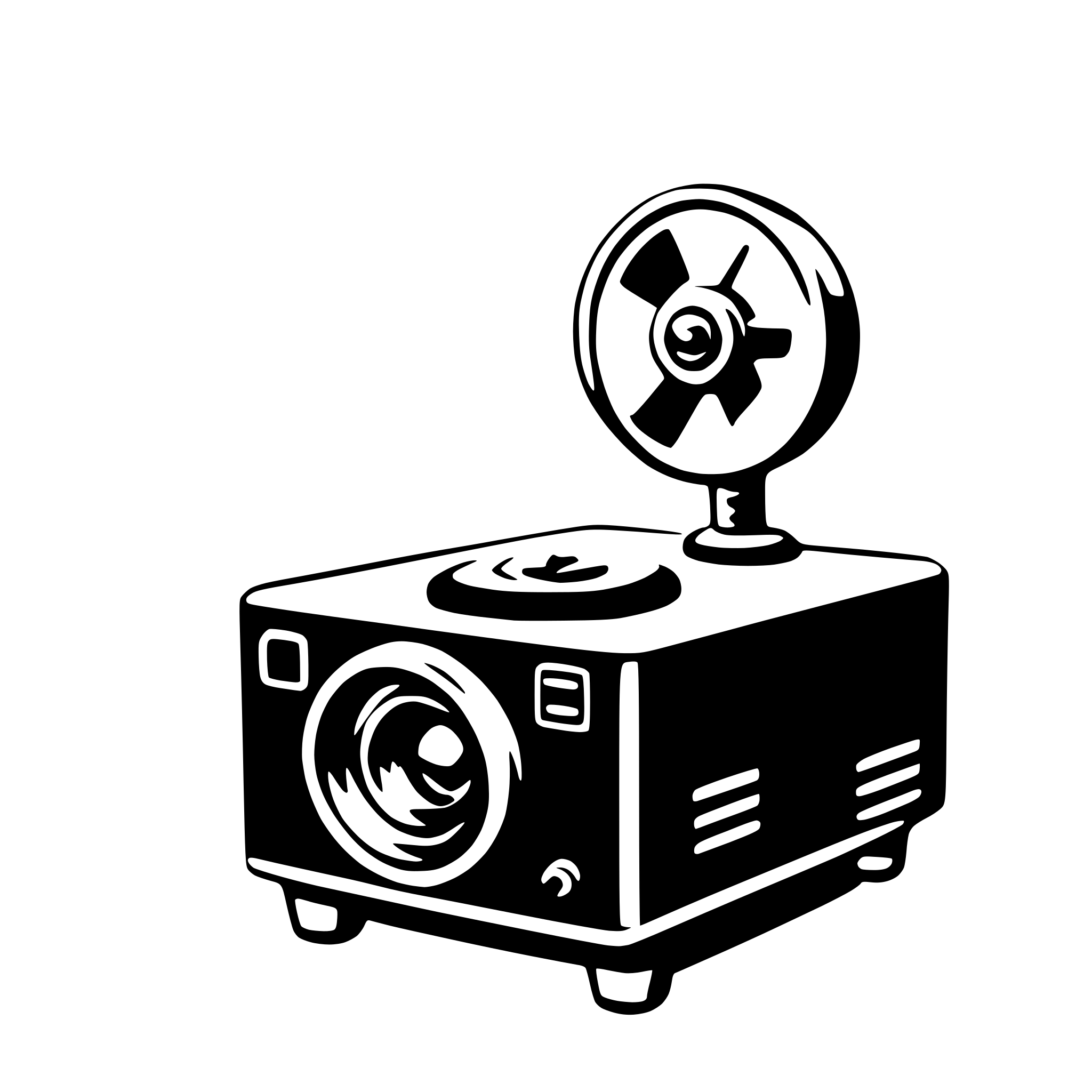 The SVG depicts a simplistic, black and white illustration of a projector. The projector has a cylindrical body with a lens at the front, and a fan with three blades on top. The fan is in motion, as indicated by the lines suggesting rotation. The projector is placed on a flat surface, and there are two small, square protrusions on the side, which could be for ventilation or as part of the projector's design. The SVG is minimalistic, with no additional context or background details. 
