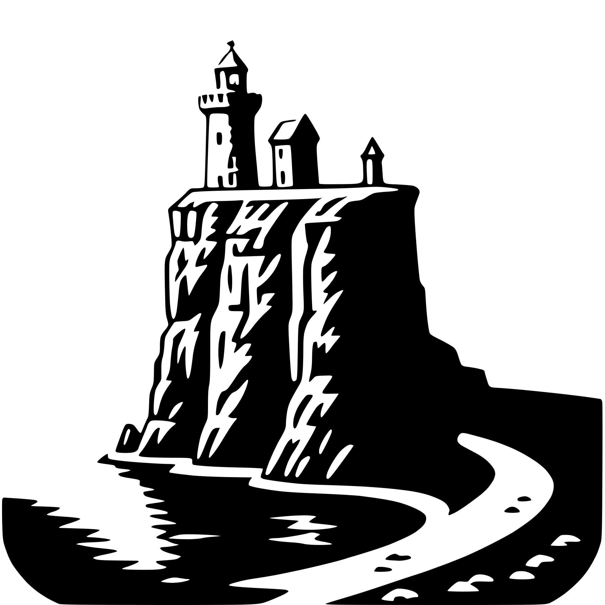 The SVG depicts a stylized, black and white illustration of a coastal scene. The main objects are a lighthouse, a small building, and a winding path leading to the water's edge. The lighthouse is situated on a rocky outcrop, and the path appears to be a road or pathway that leads to the lighthouse. The small building is also on the outcrop, and it seems to be a part of the lighthouse complex. The water is depicted with ripples, suggesting a calm sea. The overall impression is one of a tranquil, possibly remote, coastal location. 