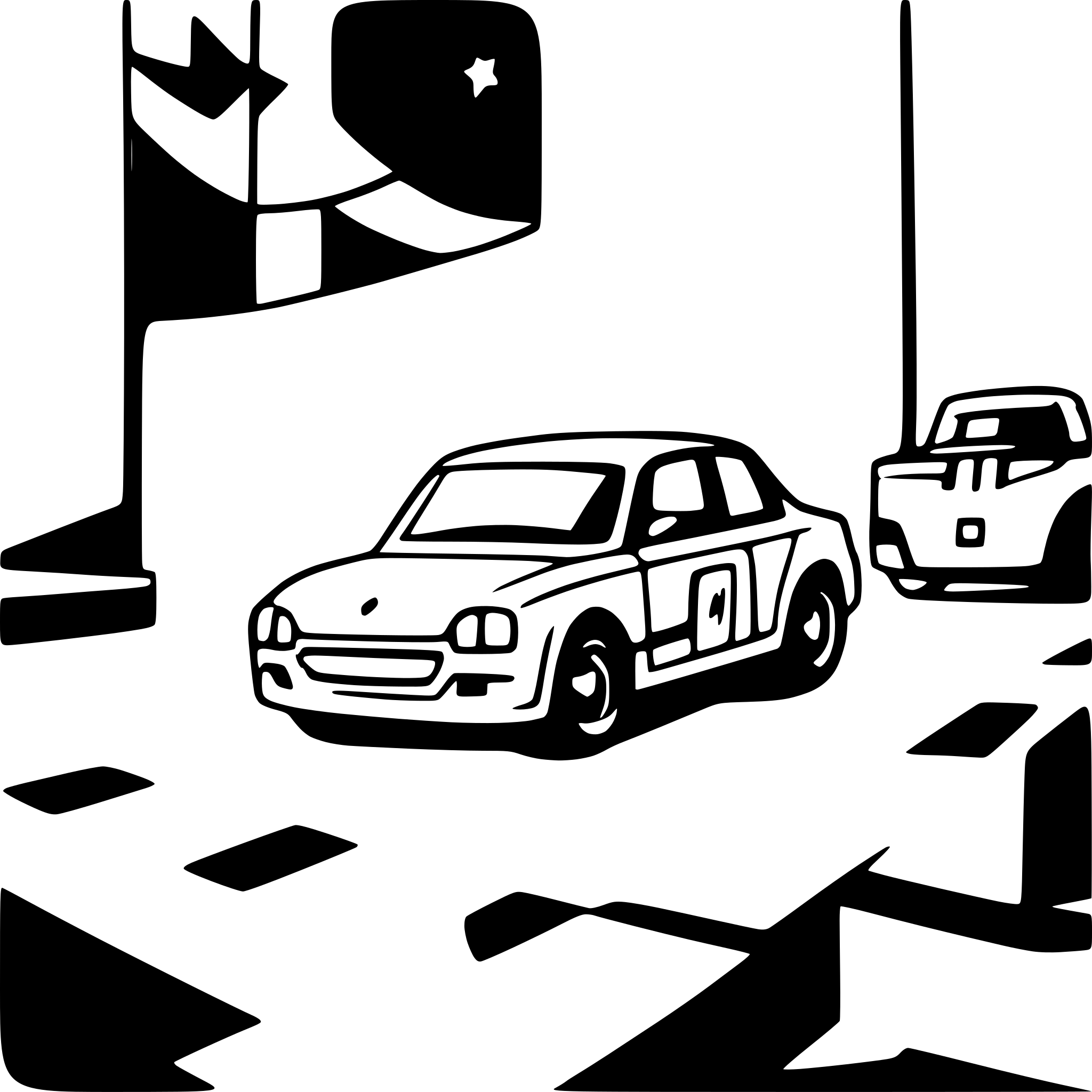 AI-generated SVG of a A BMW car driving through the finish line in a race.a little baby is standing right by the car and it looks like a racer with a litle cup in his hand  In the foreground, there is a classic race finish banner with the word 'ZIEL' written on it. The image is minimalistic, with no background, no shadows, and a clean, simple style.
