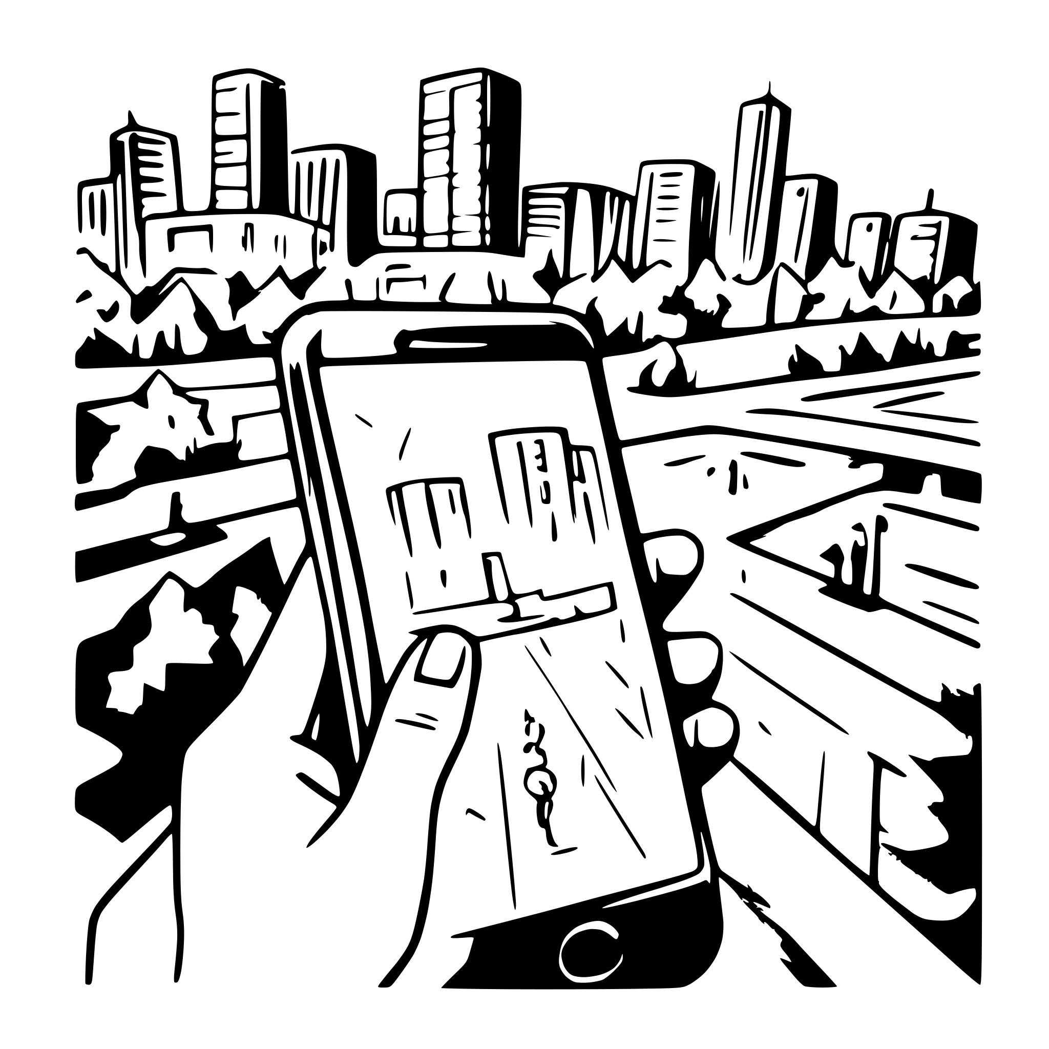 AI-generated SVG of a Create a hand-drawn, sketch-style SVG illustration for the 'About Us' section of a website called CityTouch. The image should depict a modern cityscape with people using smartphones, symbolising digital connectivity and smart urban services. Use simple black-and-white line art, with minimal detail but expressive enough to convey a welcoming, tech-forward feel