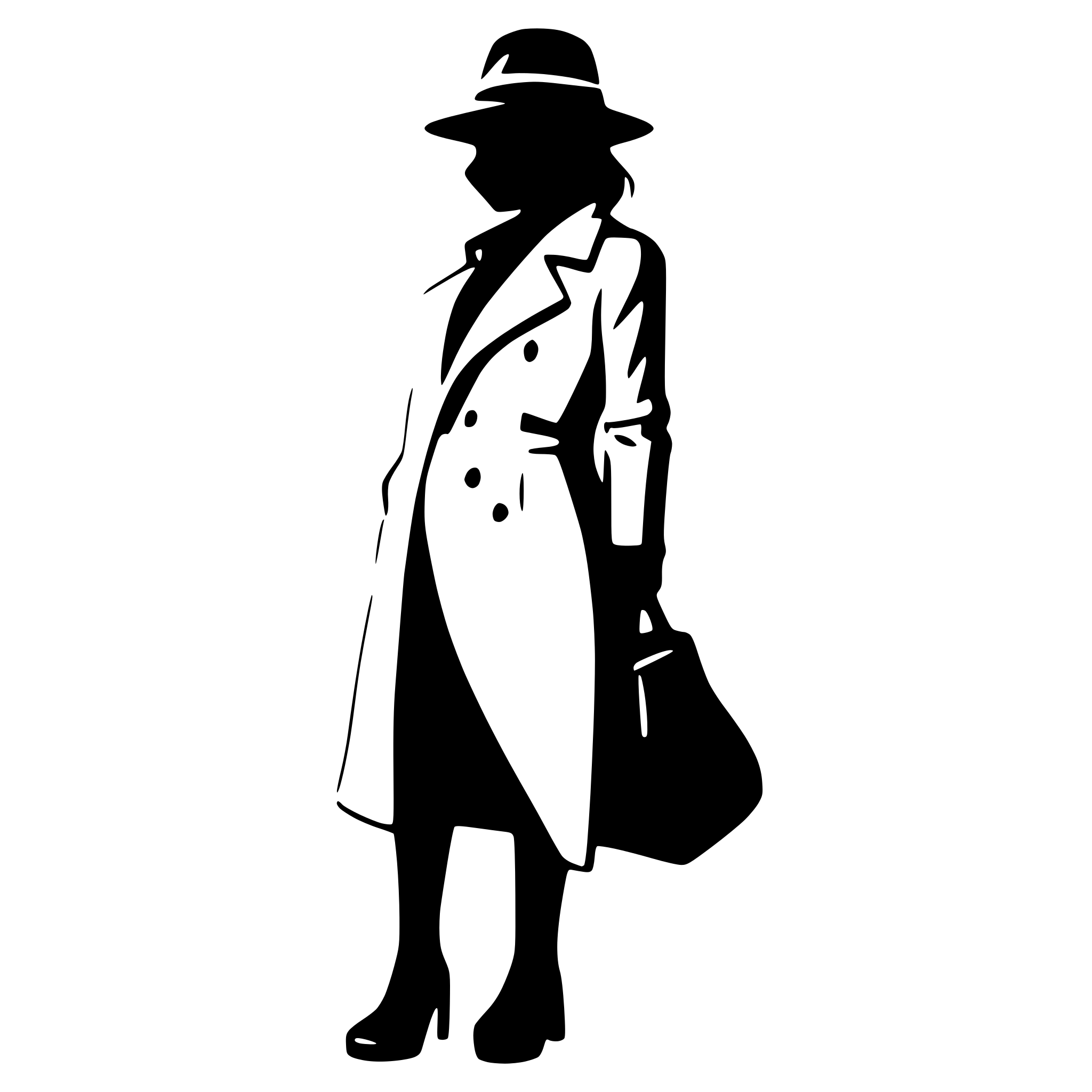 AI-generated SVG of a detective silhouette head to toe female in a trench coat fedora whole body