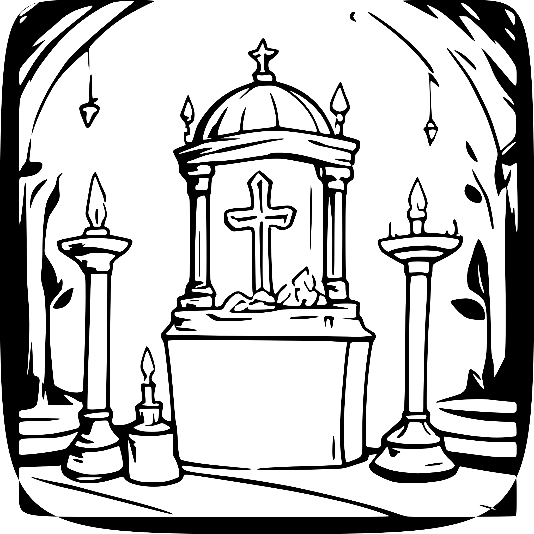 AI-generated SVG of a grimdark altar of saint rocco with flying skulls and laurels and lit candles