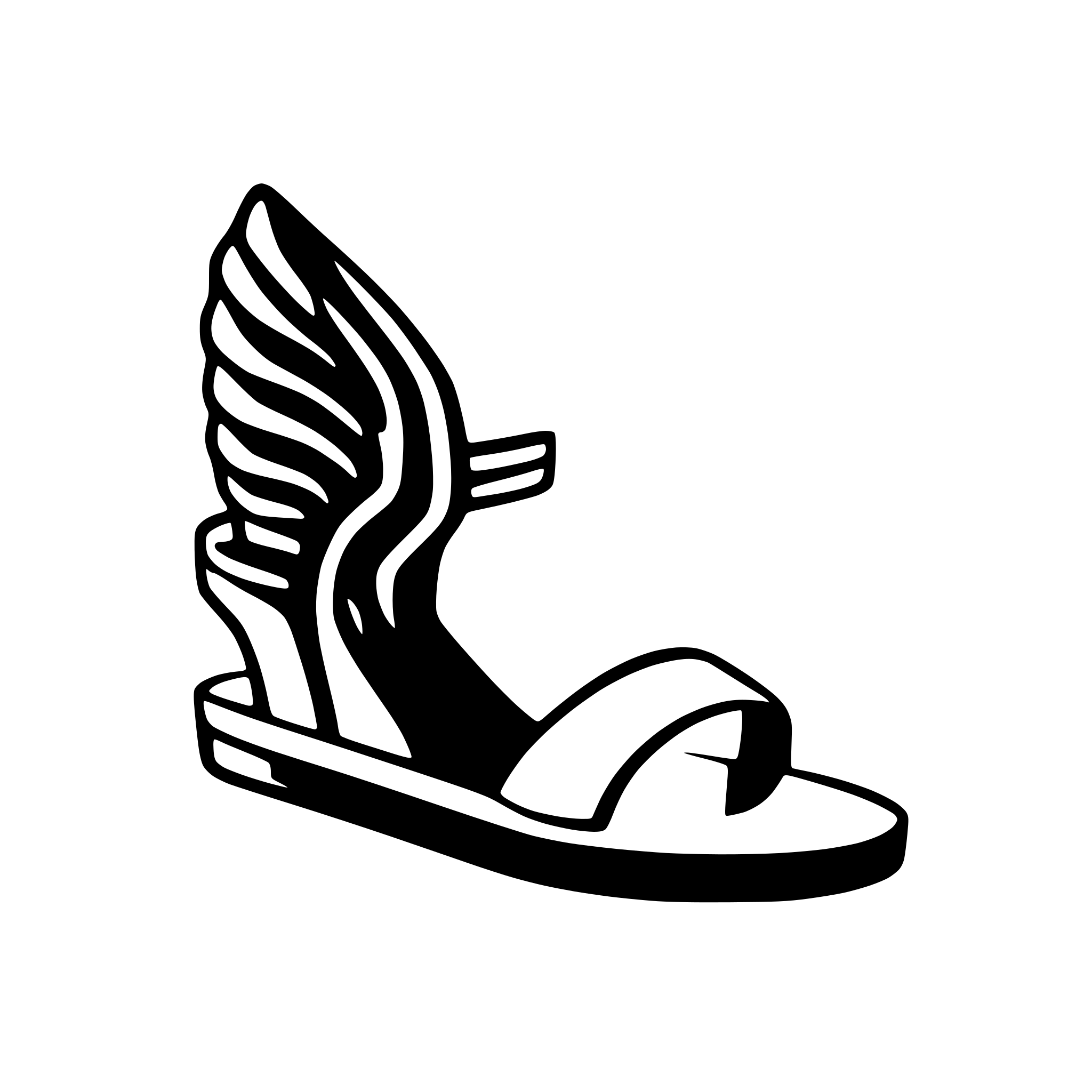 AI-generated SVG of a Side profile of sandal with a wing on the heel. Super minimalistic. Straight lines