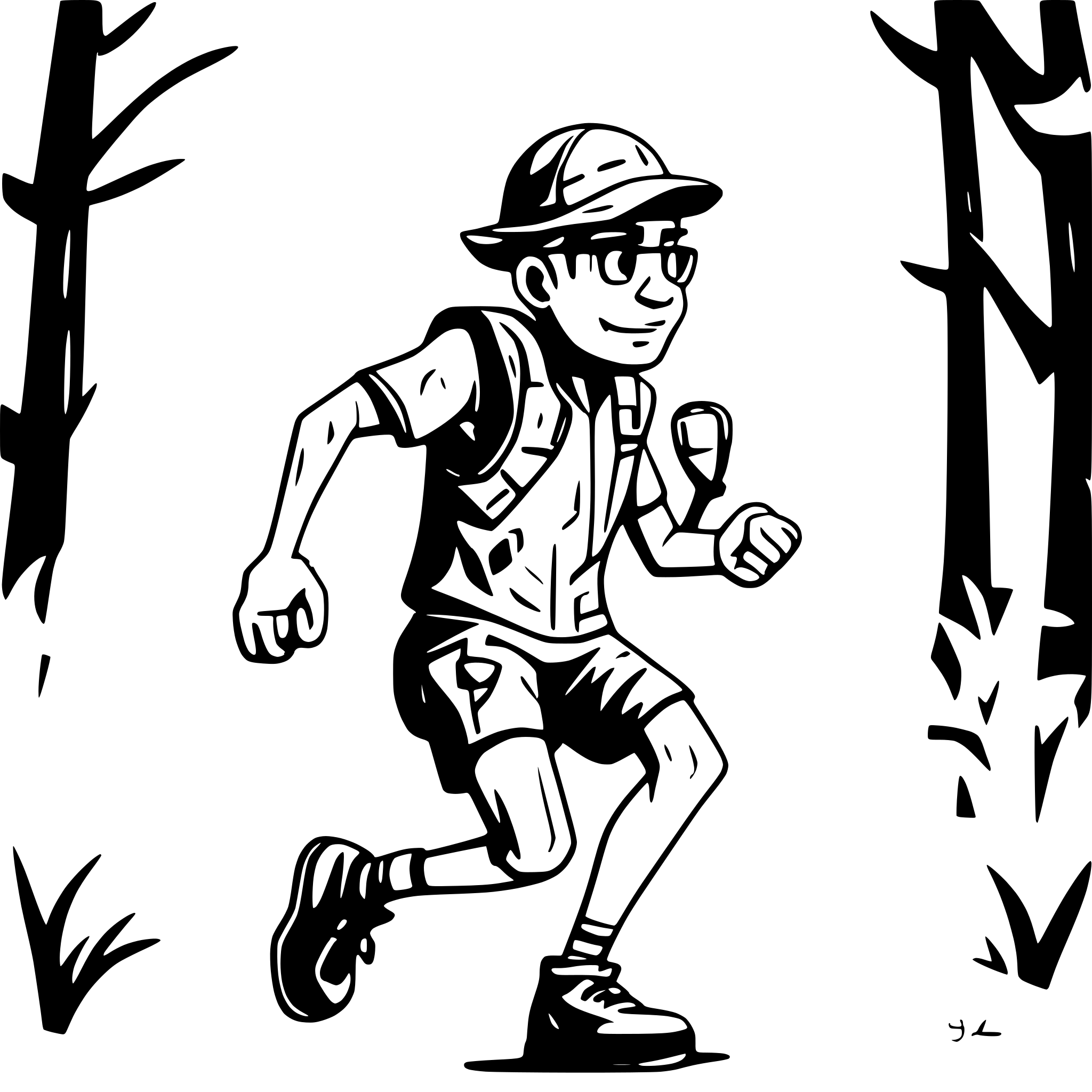AI-generated SVG of a A male adult runner with shoes, hydration vest, shorts, short sleeve shirt, and hat running in the forest.