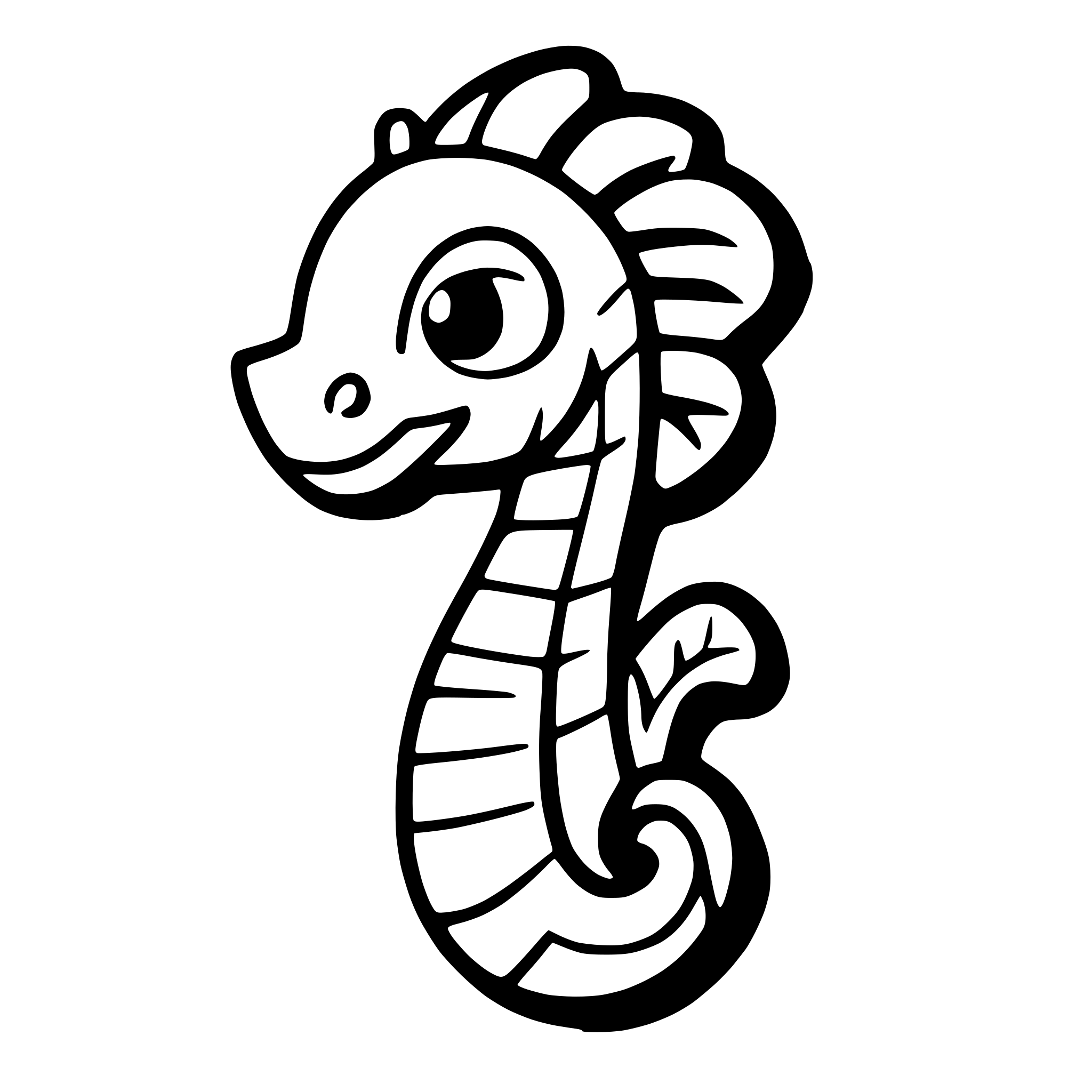 AI-generated SVG of a slightly cartoonish seahorse without gills colored in yellow and gold with black accents