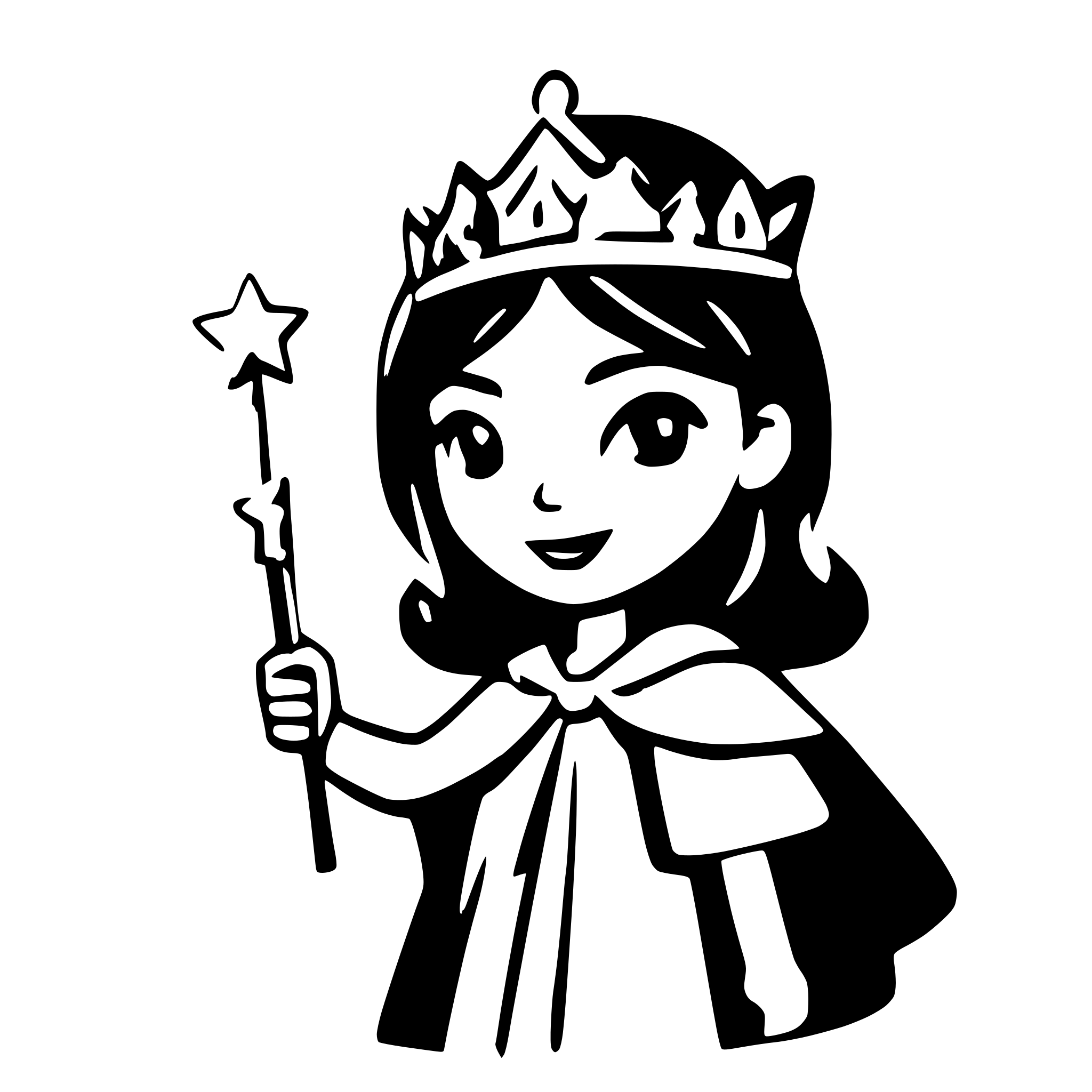 AI-generated SVG of a stick lady with black hair wearing a cape , waving a magic wand , and wearing a crown