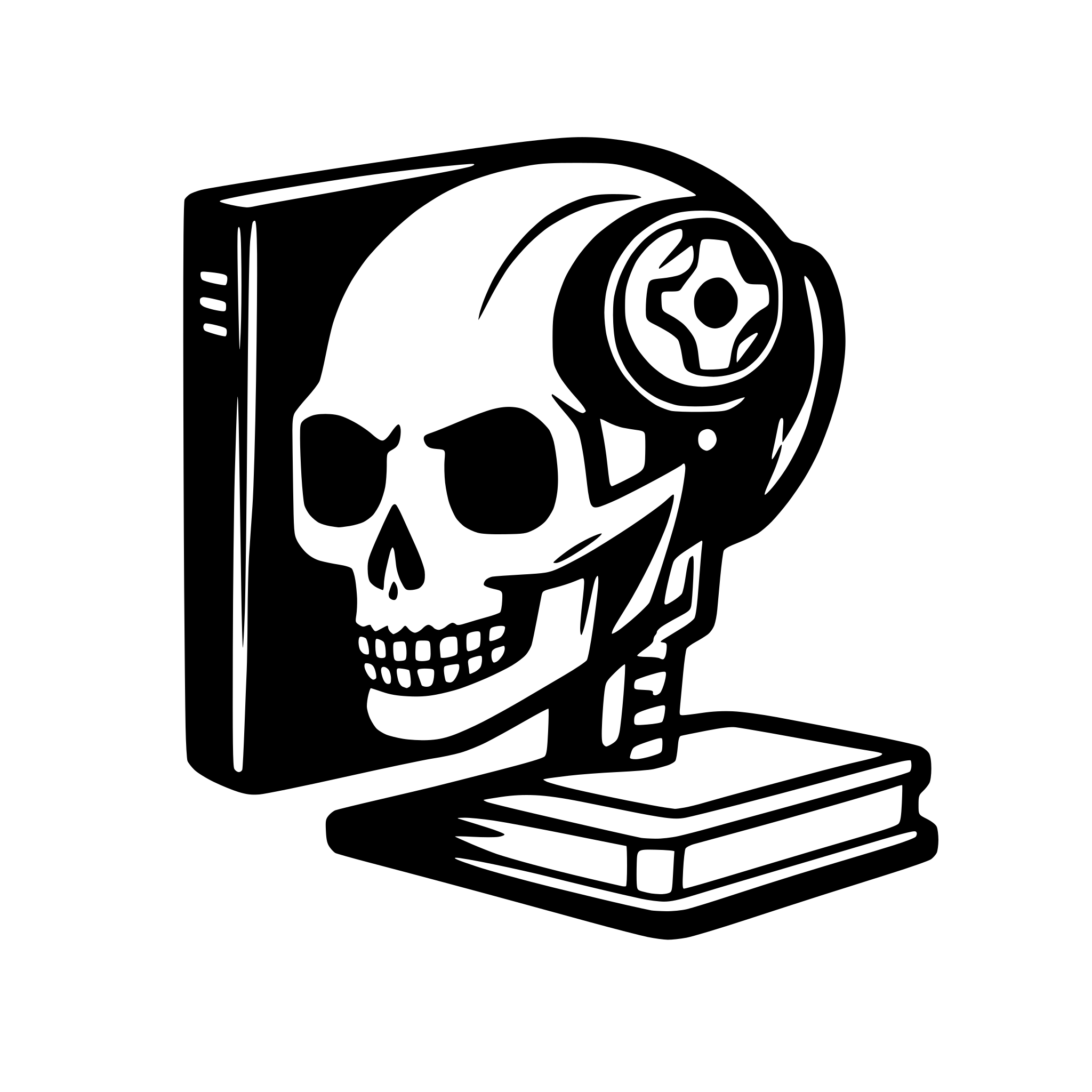 AI-generated SVG of a 2D grimdark logo with a book and servator skull with an ocular device on one eye as the book's cover image