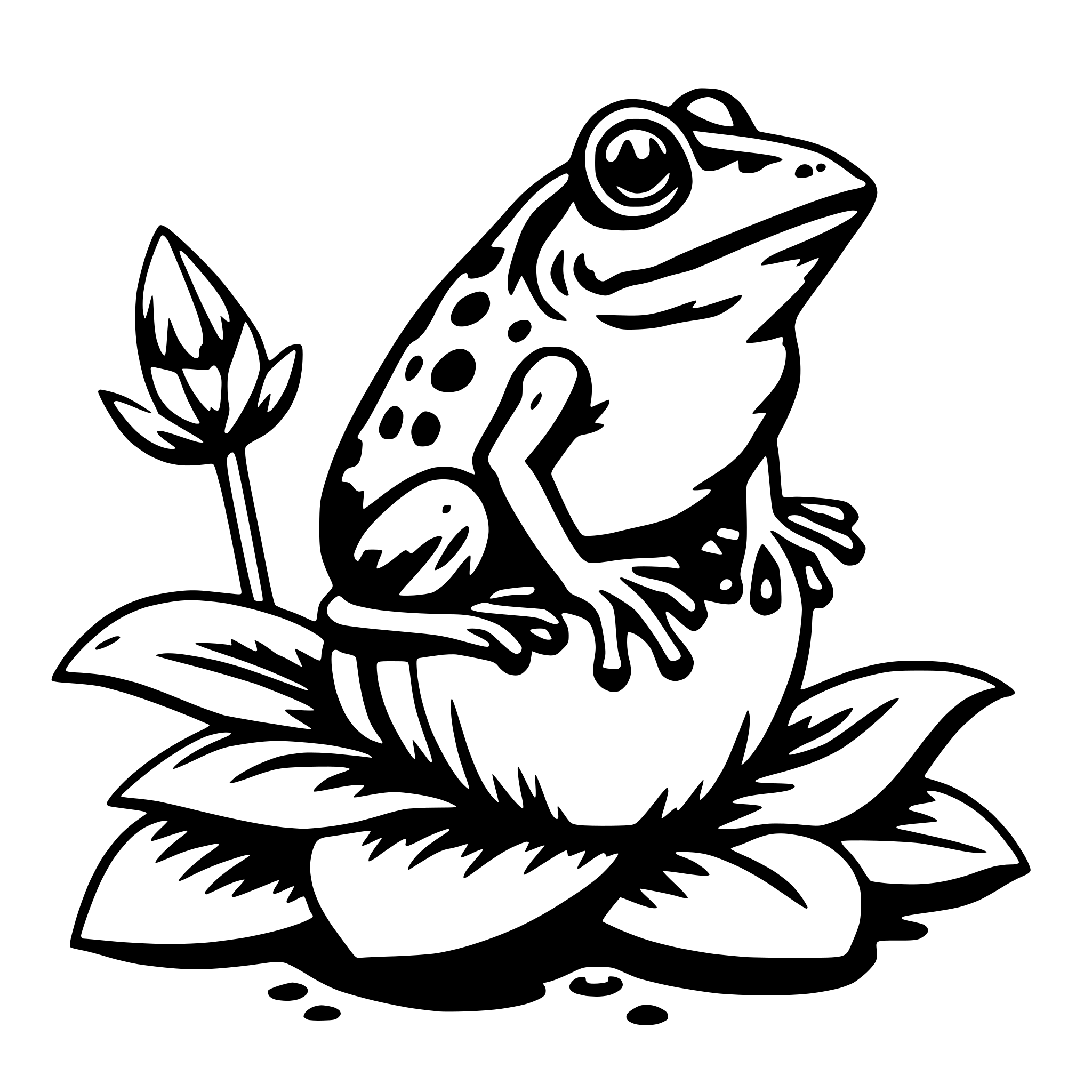 The SVG depicts a stylized frog sitting on a lily pad. The frog is facing the viewer with its arms extended outward, and it has a content expression on its face. The lily pad has a detailed leaf pattern and is surrounded by a simple outline of a flower with a stem. The frog and the lily pad are the main objects in the SVG, and there is no interaction between them; they are simply positioned next to each other. 