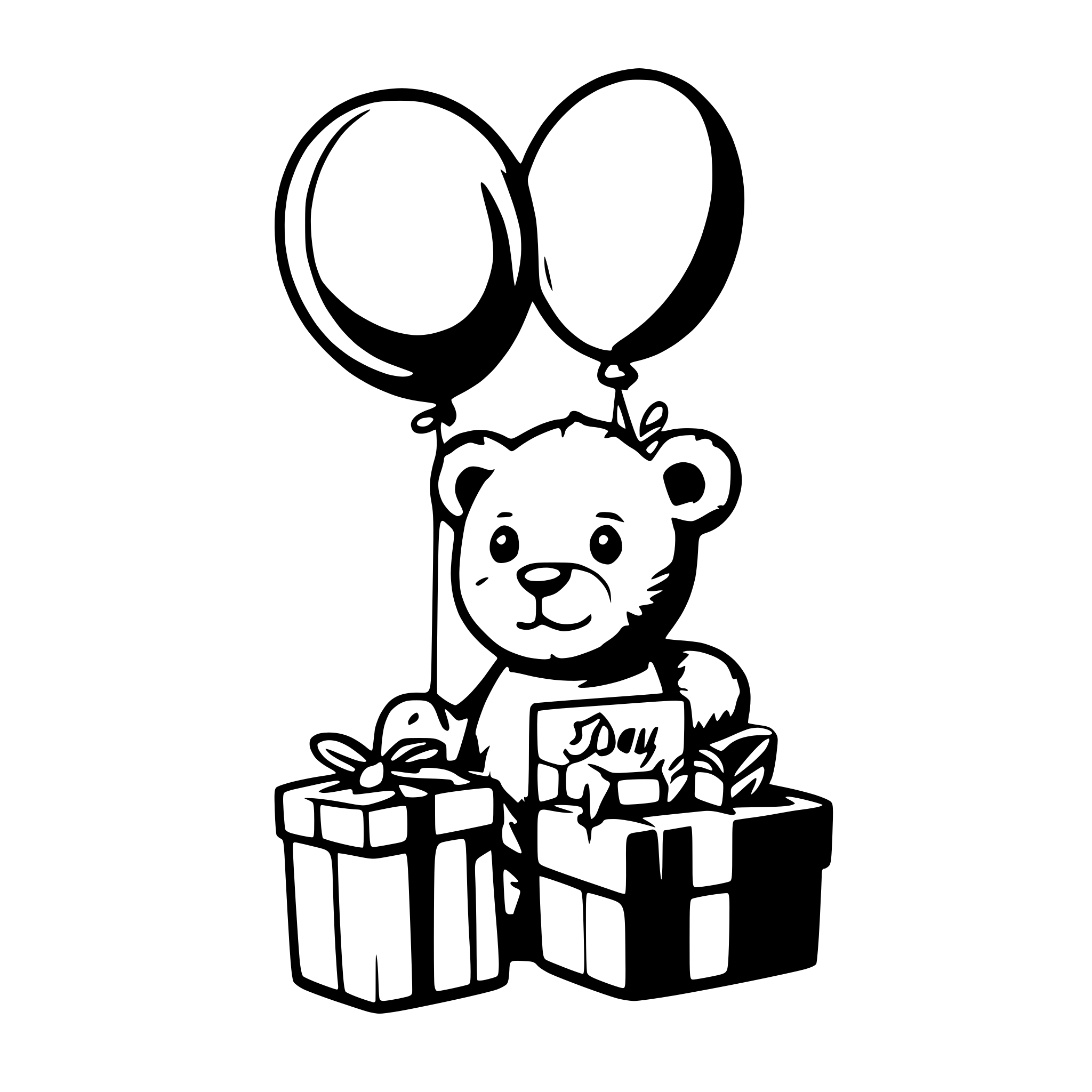 AI-generated SVG of 'A cute teddy bear sitting amongst gifts and balloons with a happy birthday banner in top of him'