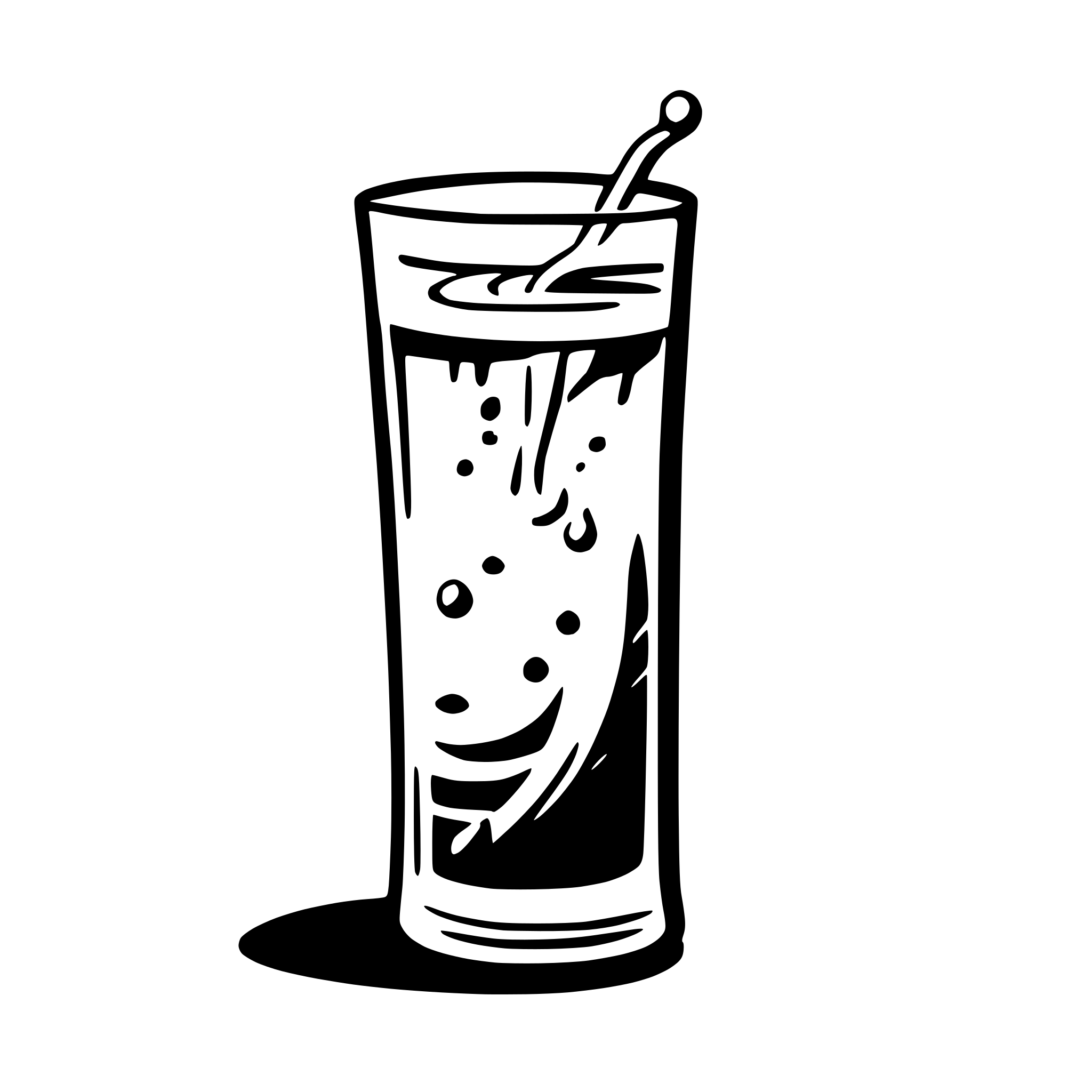 AI-generated SVG of a A high-contrast, black-and-white vector illustration of a cylindrical glass filled with liquid, with a dramatic splash coming out. The splash should have dynamic, fluid curves and droplets extending outward. The glass should have a slightly tilted perspective for a sense of motion. The illustration should use bold, clean lines with a hand-drawn, slightly cartoonish aesthetic. Ensure the vector has well-defined edges, scalable for SVG format, and maintains a minimalistic yet expressive style.