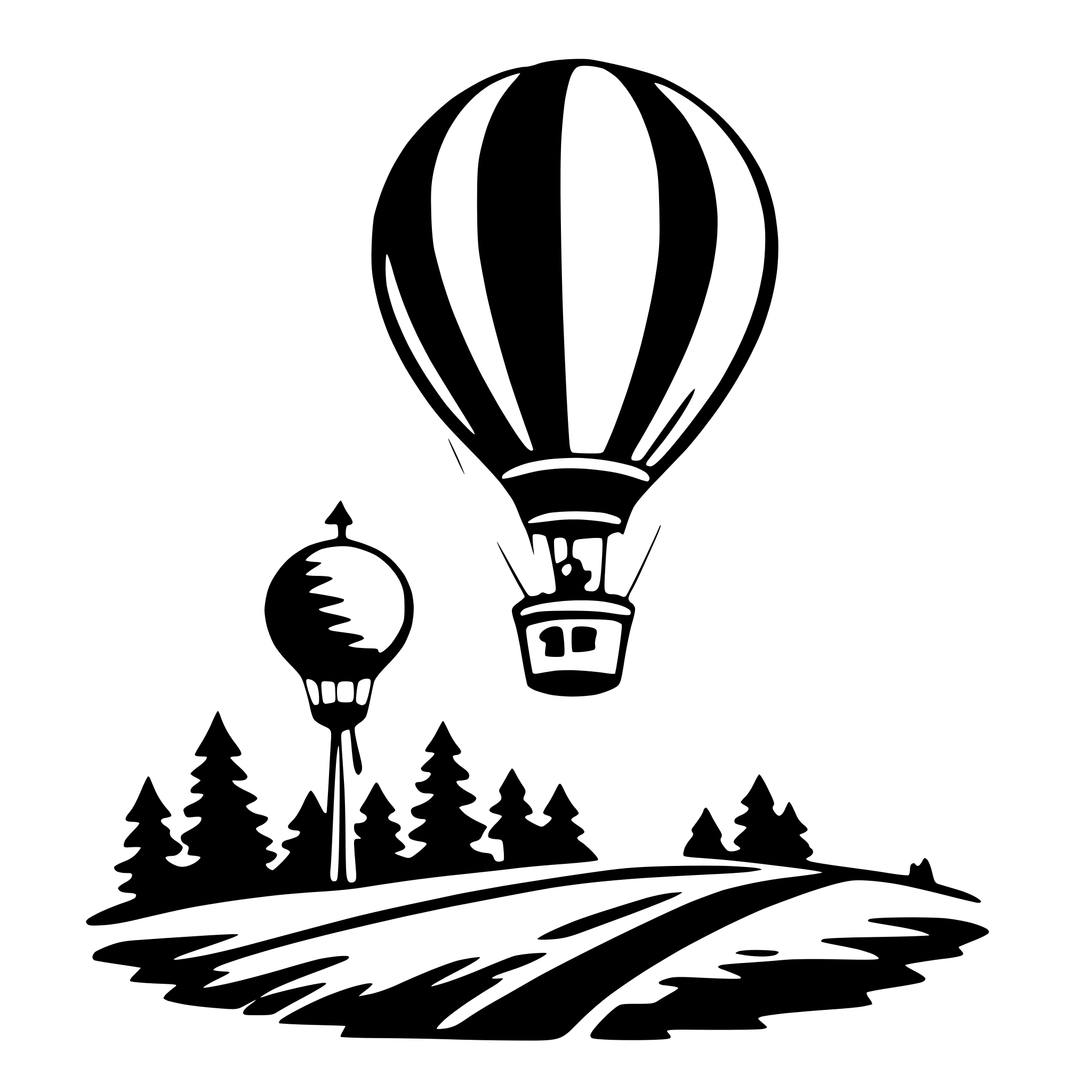 The SVG features a stylized illustration of a balloon with a basket and a propeller, ascending into the sky. Below the balloon, there is a landscape with a silhouette of a windmill and a line of trees. The balloon is depicted with a series of horizontal stripes, giving it a classic, hot-air balloon appearance. The windmill has a pointed top and a series of blades, while the trees are simplified with a few lines to represent their silhouette. The balloon is positioned above the landscape, suggesting it is in the process of taking off. The overall style of the SVG is minimalistic and graphic, using solid black lines against a white background. 