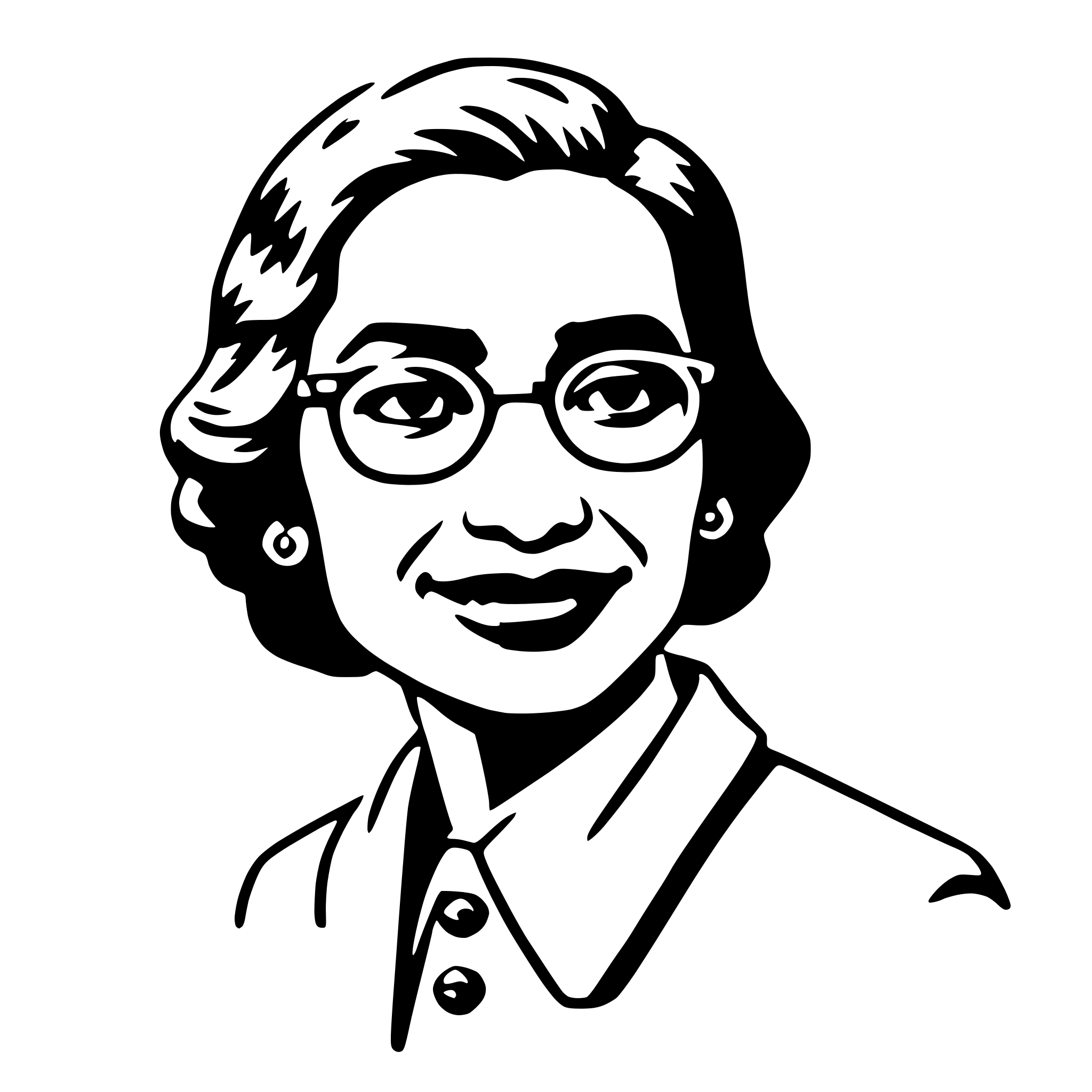 The SVG is a black and white line drawing of a woman's face. She has short hair, is wearing glasses, and has a slight smile. The woman is depicted with a collared shirt and what appears to be a tie or a high-necked blouse. The style of the drawing is simplistic and cartoon-like, with bold outlines and minimal shading. The SVG does not contain any text or additional objects. The main focus is on the woman's face, and there is no interaction between objects as the SVG is a single, self-contained illustration. 