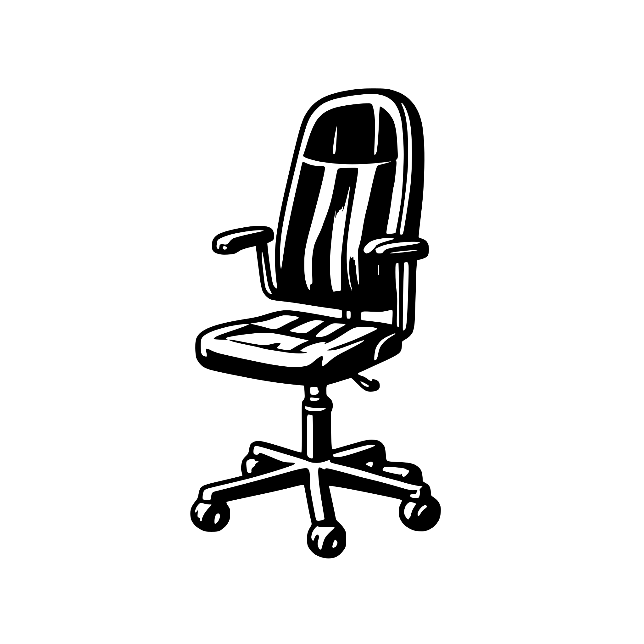 AI-generated SVG of a A black and white SVG of a basic office chair with a high back and wheels at the base.
