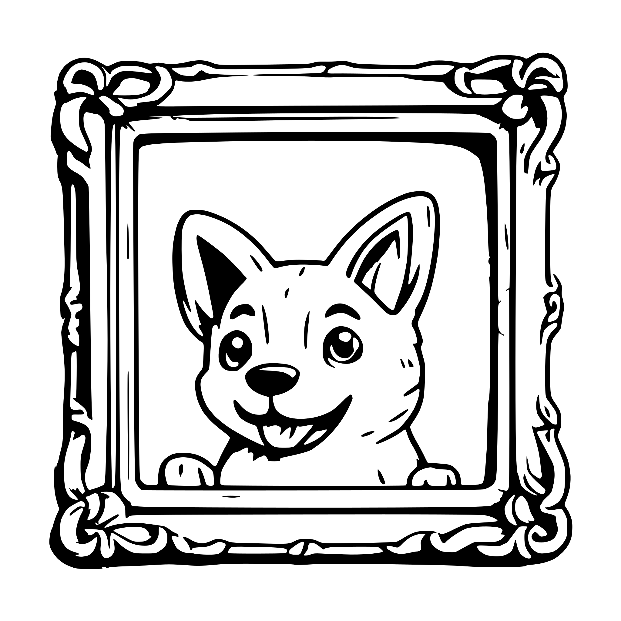 AI-generated SVG of a a corgi dog watching out from behind of a picture frame