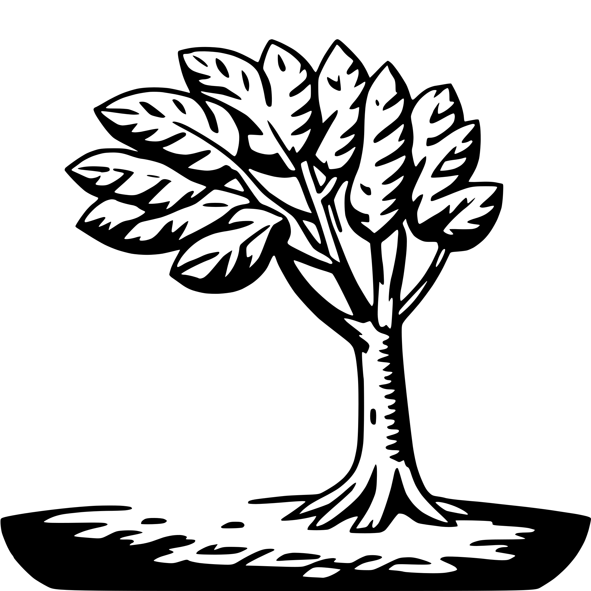 The SVG shows a stylized tree with a simple, outline-only design. The tree has a thin trunk and a rounded canopy with multiple leaf shapes. The leaves are depicted with a combination of oval and elongated shapes, suggesting a naturalistic representation of foliage. The tree is set against a plain background, and there is a subtle shadow beneath the tree, indicating that it is standing on a surface. The style is minimalistic and could be used for various graphic design purposes. 