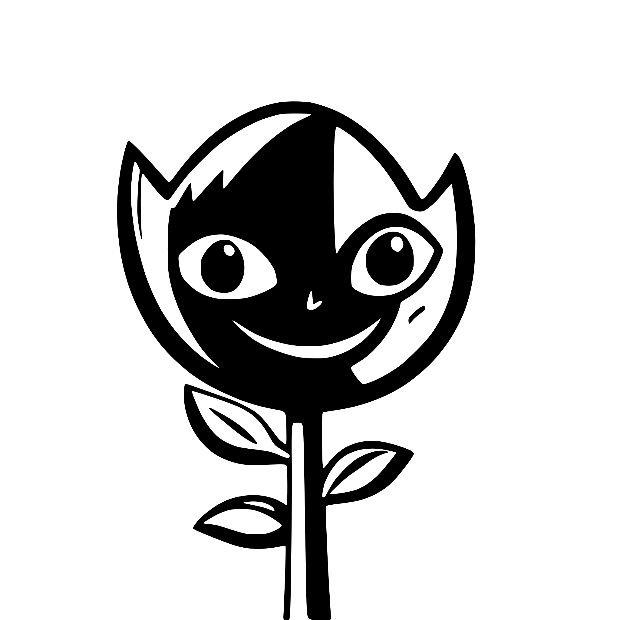 AI-generated SVG of a The image displays a simplified, cartoon-like figure on a solid black background. The figure has an orange, oval-shaped head with two large, bright green leaves sprouting from the top, resembling a stem. On its face, two simple black lines represent eyes and a curved line forms a smiling mouth.  The body consists of a yellow, short-sleeved torso and brown pants. The arms are also yellow and extended slightly outwards, with flat, spade-like hands. The legs are brown, matching the pants, and the f