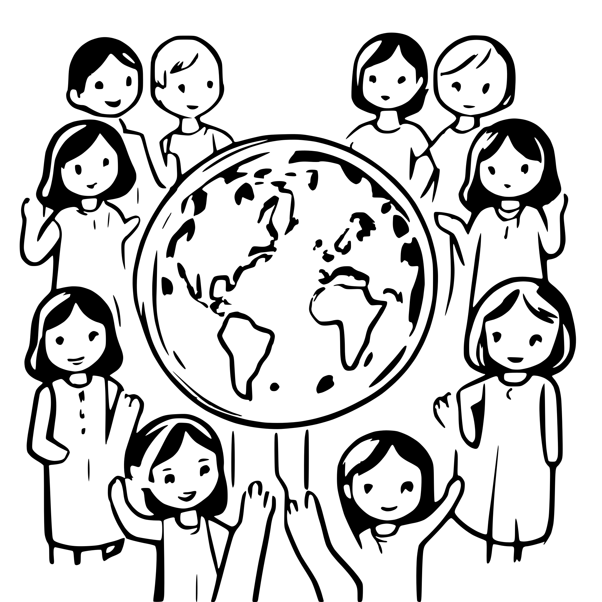 AI-generated SVG of a 10 children holding hands and the world