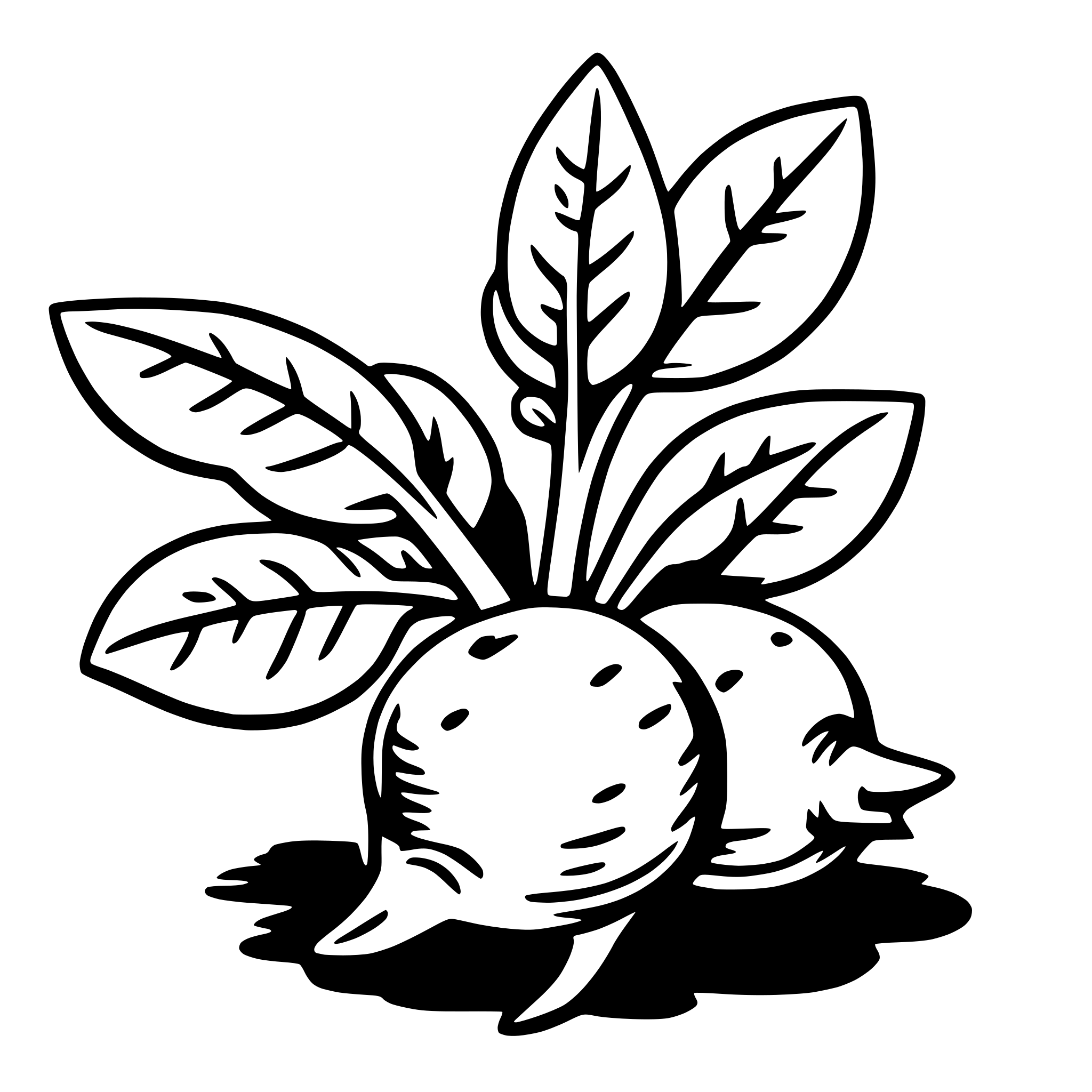 The SVG depicts a stylized illustration of a plant with large, green leaves and a bulbous root vegetable. The leaves are arranged in a symmetrical pattern, with the central leaf being the largest and tapering towards the edges. The bulbous root vegetable is positioned at the bottom of the plant, with two smaller, rounded shapes that could be interpreted as additional roots or bulbs. The plant and the bulbous root vegetable are connected by a stem, which is not detailed but is implied by the arrangement of the leaves and the bulb. The overall style is simple and graphic, with clean lines and a limited color palette. 