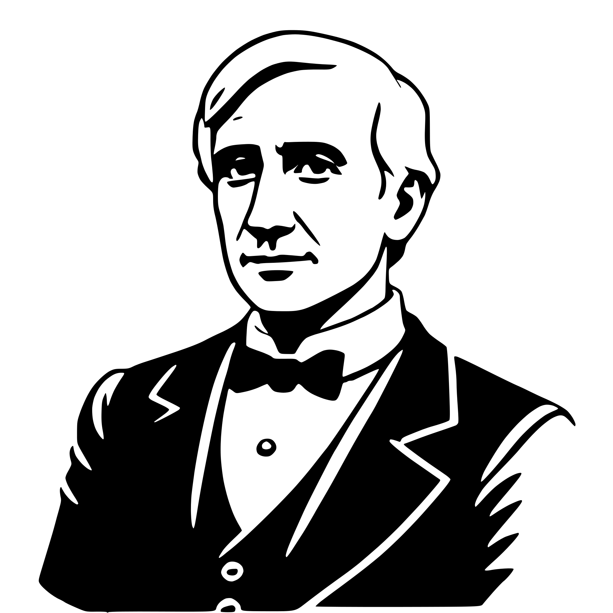 The SVG is a black and white vector illustration of a man's profile. The man is depicted with a formal attire, including a suit, bow tie, and a neatly combed hairstyle. He is looking to the right with a neutral expression. The illustration is simple and uses minimal lines to define the features and clothing. The style is reminiscent of a classic portrait, with a focus on the man's face and upper torso. 