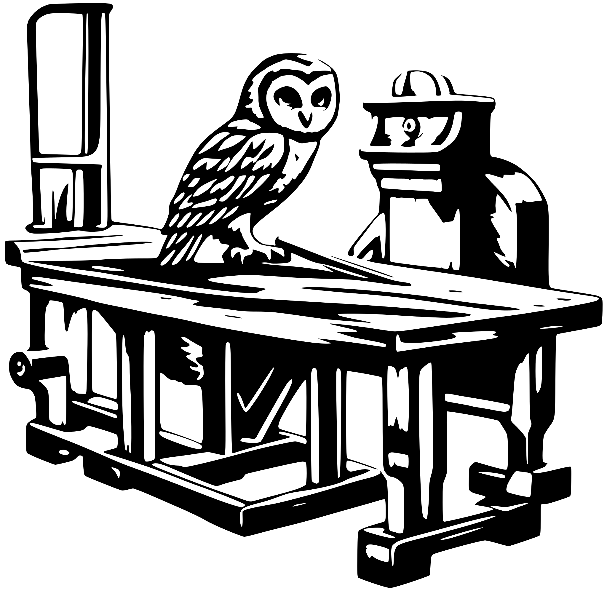 AI-generated SVG of 'create a black and white svg logo, ready for laser engraving. an old owl saws a wooden board, leaning on the workbench, inside his carpentry workshop.
show some typical woodworking tools on the bench and walls of the workshop.
render all details accurately.'