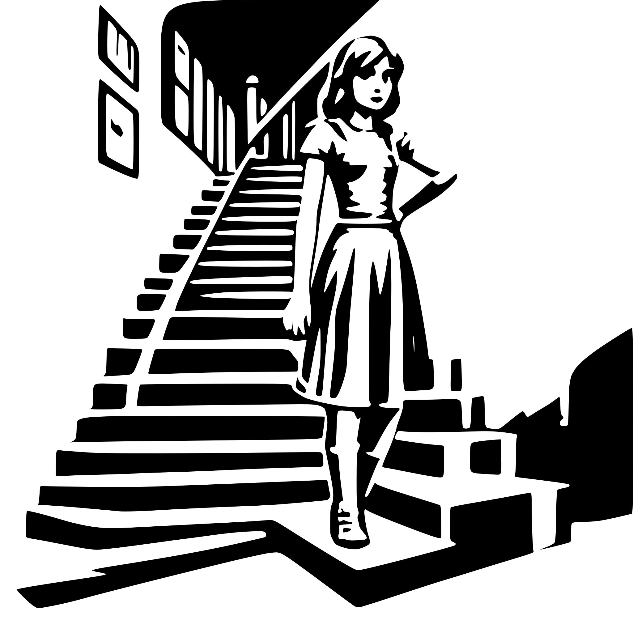 AI-generated SVG of a girl standing at the bottom of the stairs attempting to take next step side view colorful