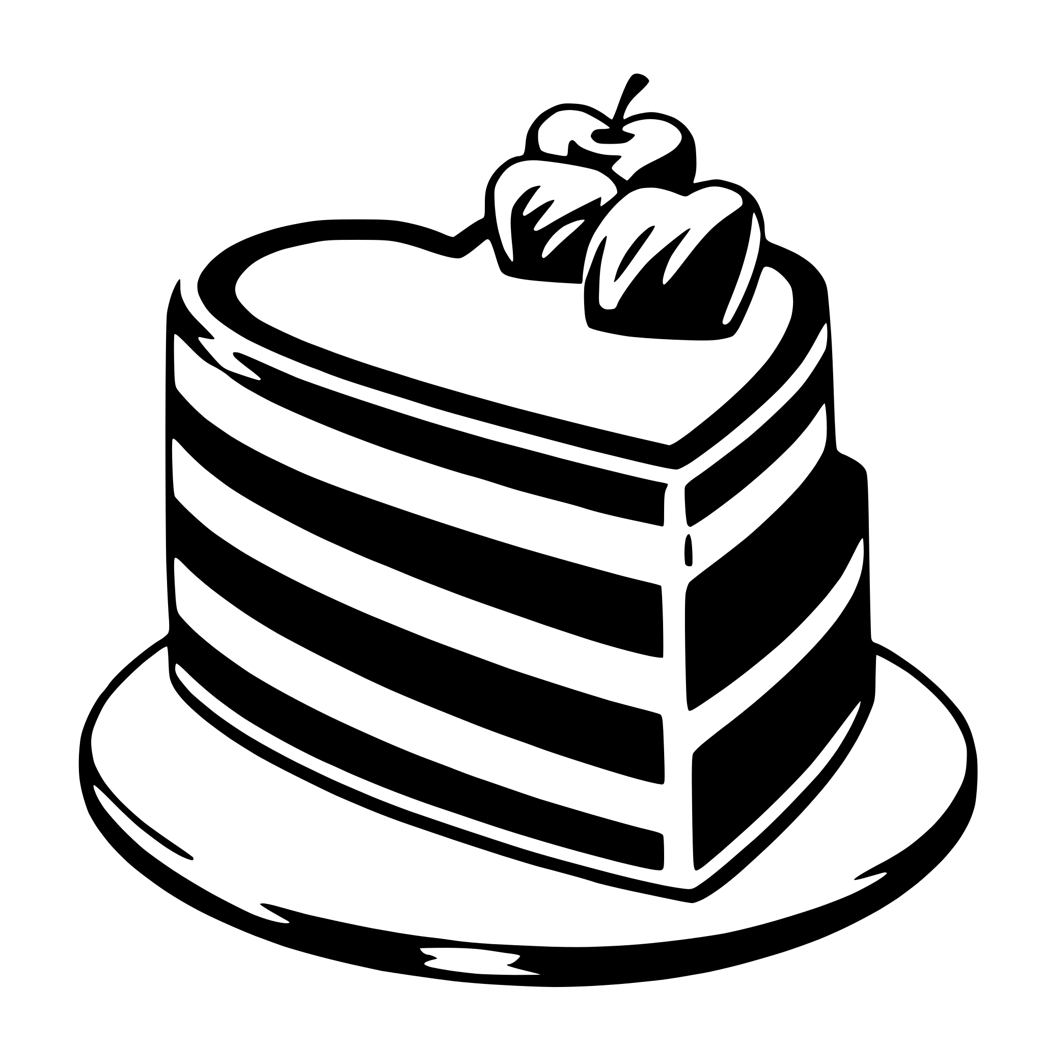 The SVG depicts a stylized, two-tiered cake with a heart shape on top. The cake is adorned with three apple slices on the top tier. The cake is placed on a round, flat base, which is likely a cake stand or plate. The apple slices are arranged in a triangular pattern, with the largest slice at the back and the smallest at the front. The heart shape on top of the cake is simple and abstract, with a small stem and two leaves. The overall style of the SVG is minimalistic and cartoonish, with bold outlines and a limited color palette. 