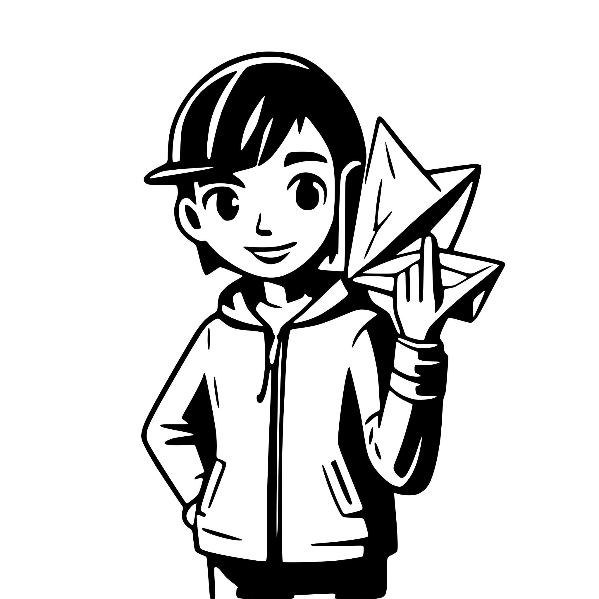 AI-generated SVG of a cartoon teenager with snap back throws a paper plane his face is the letter "e"