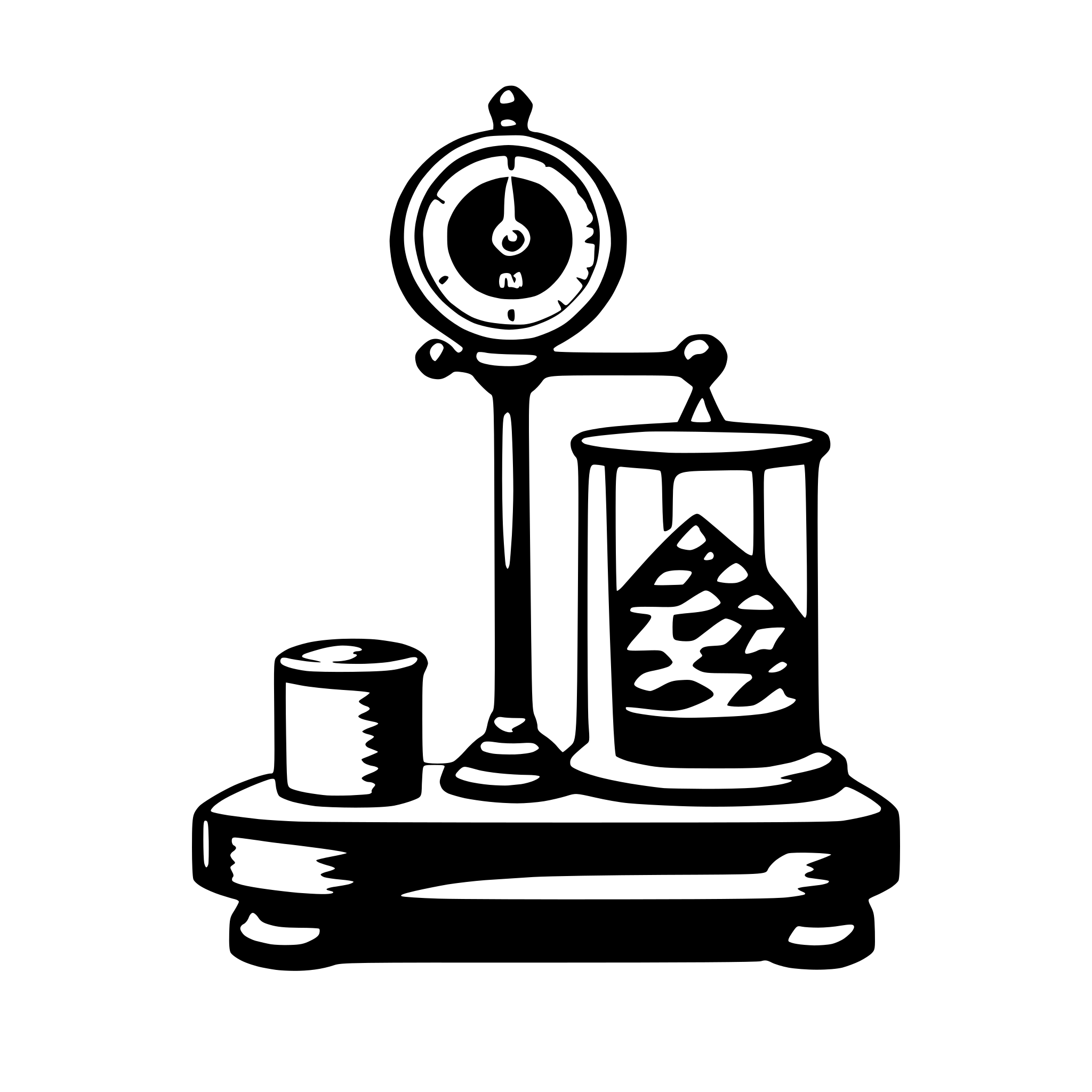 The SVG depicts a simple, stylized scale with a weight on it. The scale has a round face with a needle pointing to the number 10, indicating that the weight is 10 units. Below the scale, there is a cylindrical weight with a textured surface, suggesting it might be a bag of something. To the left of the scale, there is a cylindrical object with a smooth surface, which could be a container or a roll of some material. The scale is placed on a flat surface, and the entire setup is presented in a two-dimensional, cartoon-like style. 