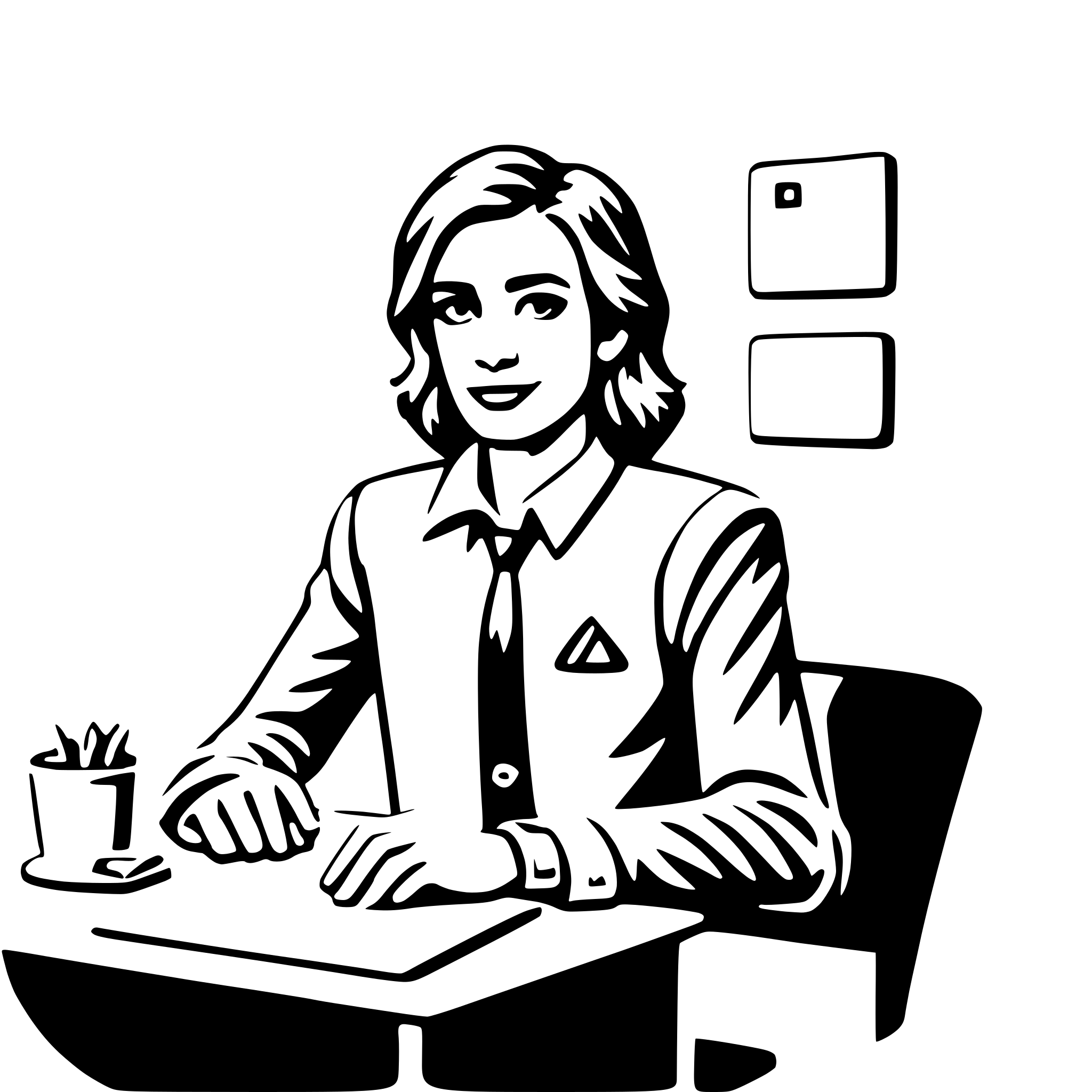 The SVG depicts a stylized illustration of a person sitting at a desk. The individual appears to be a woman with short hair, wearing a blazer, a tie, and a pen in her hand. She is seated in front of a desk with a notepad and a pen holder. On the wall behind her, there are three rectangular objects that could be interpreted as signs or boards. The overall style is minimalistic and appears to be a digital or graphic representation rather than a photograph. 