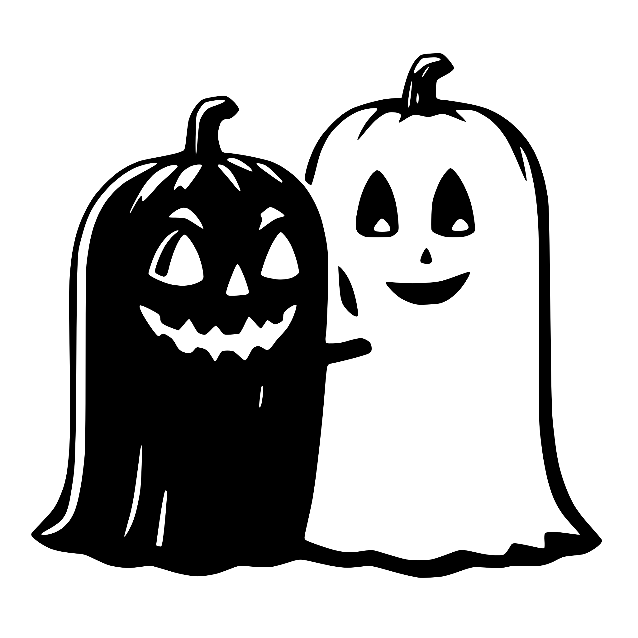 AI-generated SVG of 'two ghosts  with a pumpkin face hugging each other'