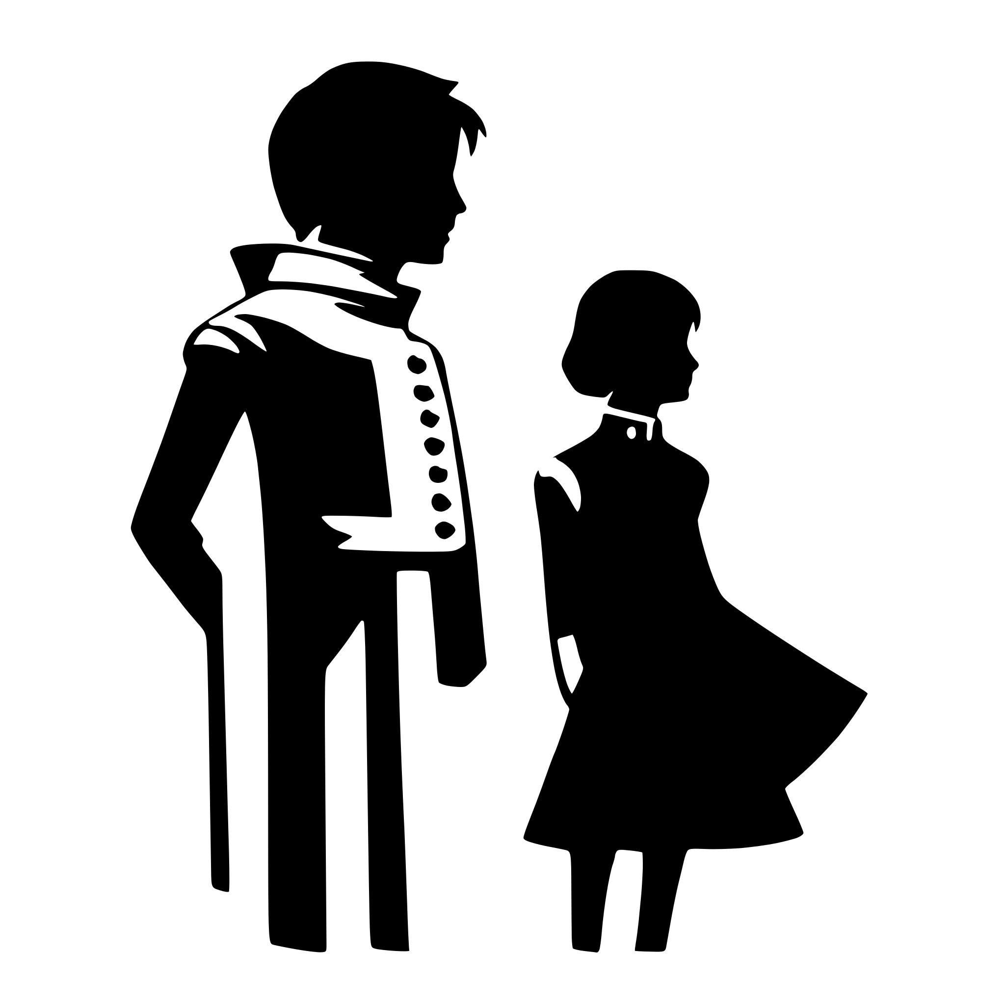 The SVG shows a stylized silhouette of a man and a woman standing side by side. The man is on the left and the woman is on the right. The man is depicted with a collar and what appears to be a tie, suggesting a formal or professional attire. The woman is shown with a skirt and a blouse, also indicating a formal or professional appearance. They are both facing forward, and their bodies are oriented in the same direction, suggesting they are standing together. There is no interaction between the two figures; they are simply standing next to each other. 