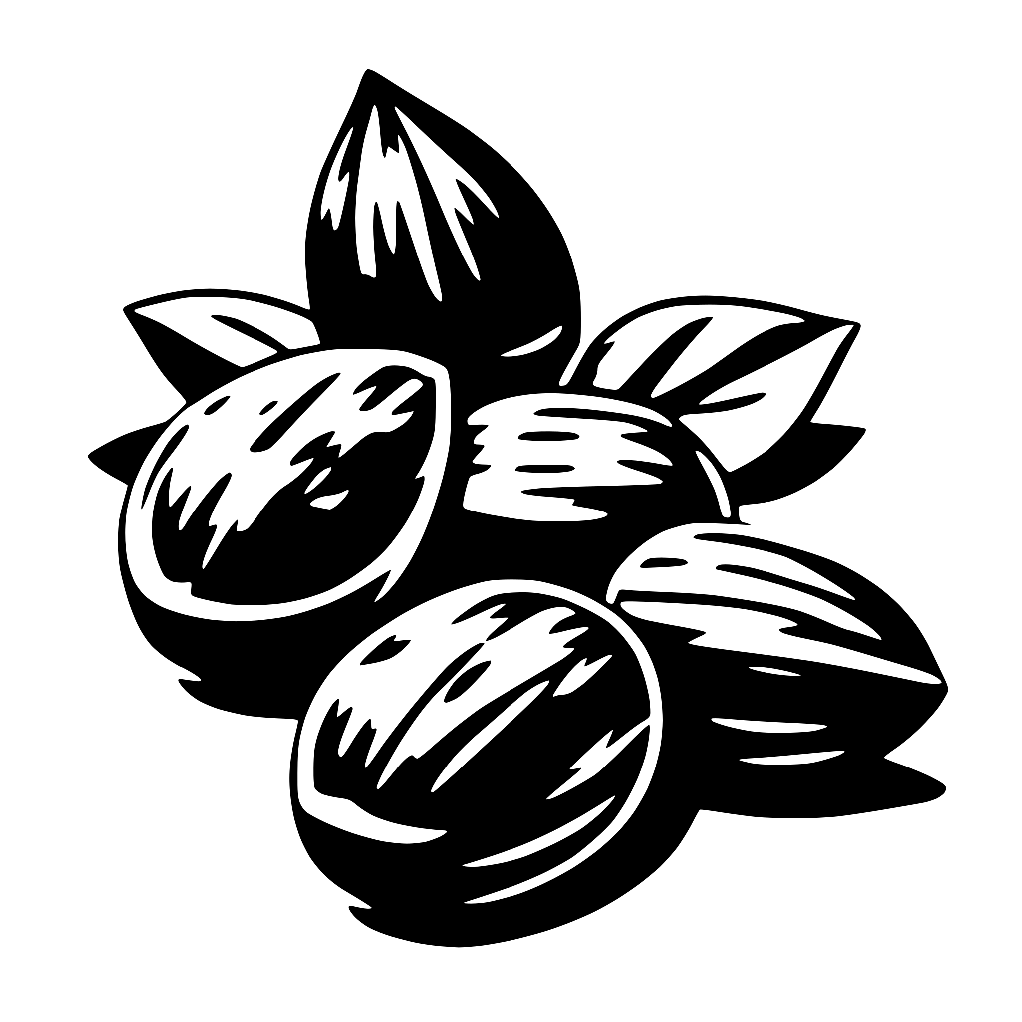 The SVG shows a stylized cluster of black olives with a glossy texture, arranged in a way that suggests they are piled on top of each other. The olives are depicted with a simple, smooth outline, and there are leaves interspersed among them, which are also black with a glossy finish. The leaves are drawn in a way that they appear to be slightly curled and have a pointed tip. The overall style of the SVG is minimalistic and graphic, with a focus on the contrast between the olives and the leaves. 