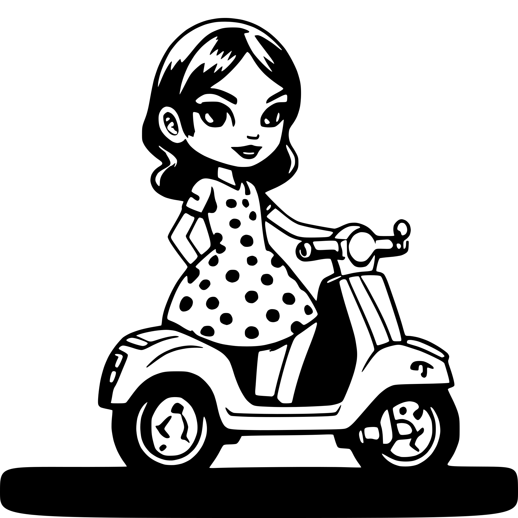 AI-generated SVG of a Girl on a vespa scooter with short dark hair and a polka dot dress