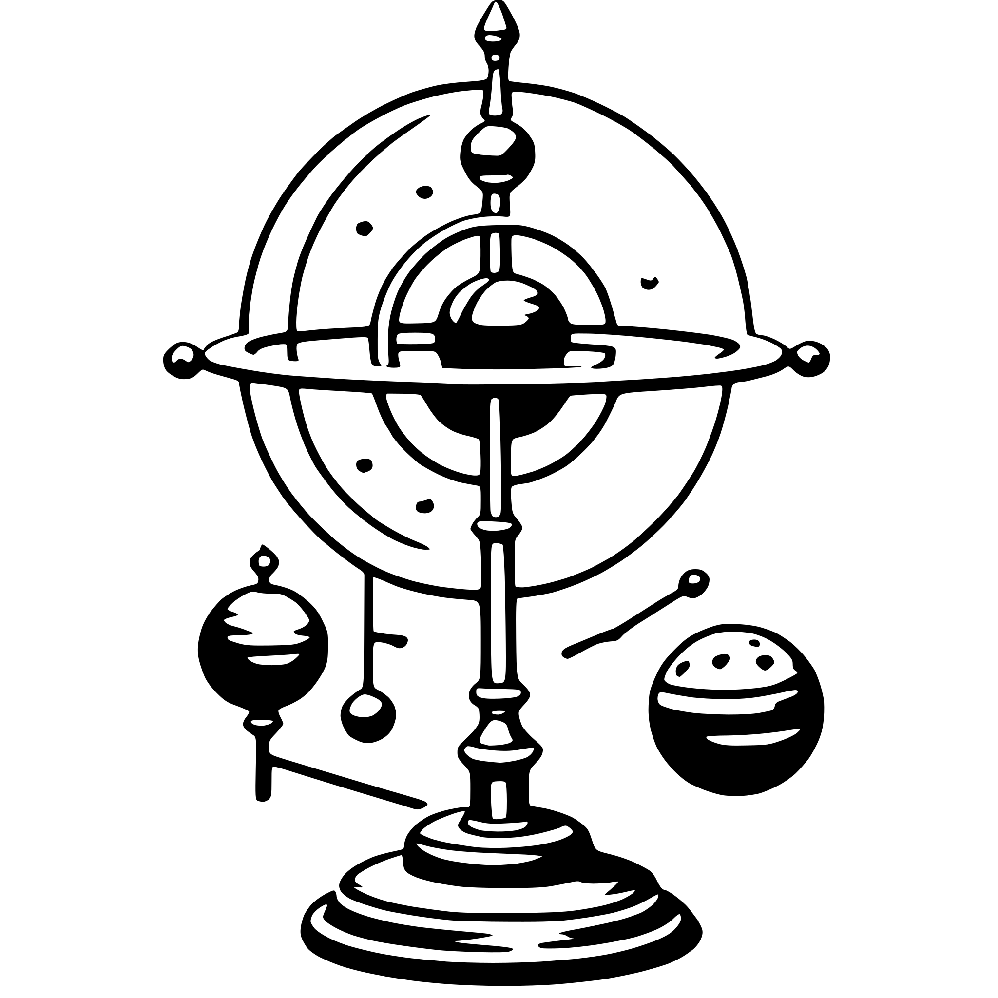 The SVG depicts a stylized representation of a celestial globe on a stand, with a compass rose at the top. The globe is surrounded by various celestial bodies, including a planet with rings and two moons. The compass rose has cardinal directions labeled with the letters N, E, S, and W. The stand has a circular base and a vertical column with a sphere on top, which is likely intended to represent the Earth. The overall design is simple and schematic, with no intricate details or shading. 