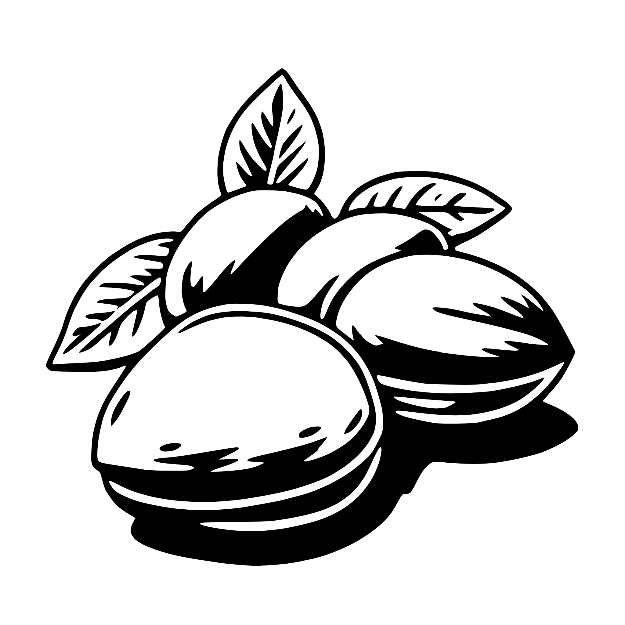 The SVG shows a stylized illustration of a bunch of fruits, which appear to be pears or similar round fruits, with a leaf attached to the top. The fruits are depicted in a simplified, cartoon-like manner with shading to suggest depth and texture. The leaf is also stylized with a simple outline and a few internal lines to indicate its structure. The fruits are arranged in a cluster, with some overlapping each other, and the leaf is positioned above the fruits, suggesting it is part of the same plant. The overall style is graphic and minimalistic, with no additional text or elements present. 